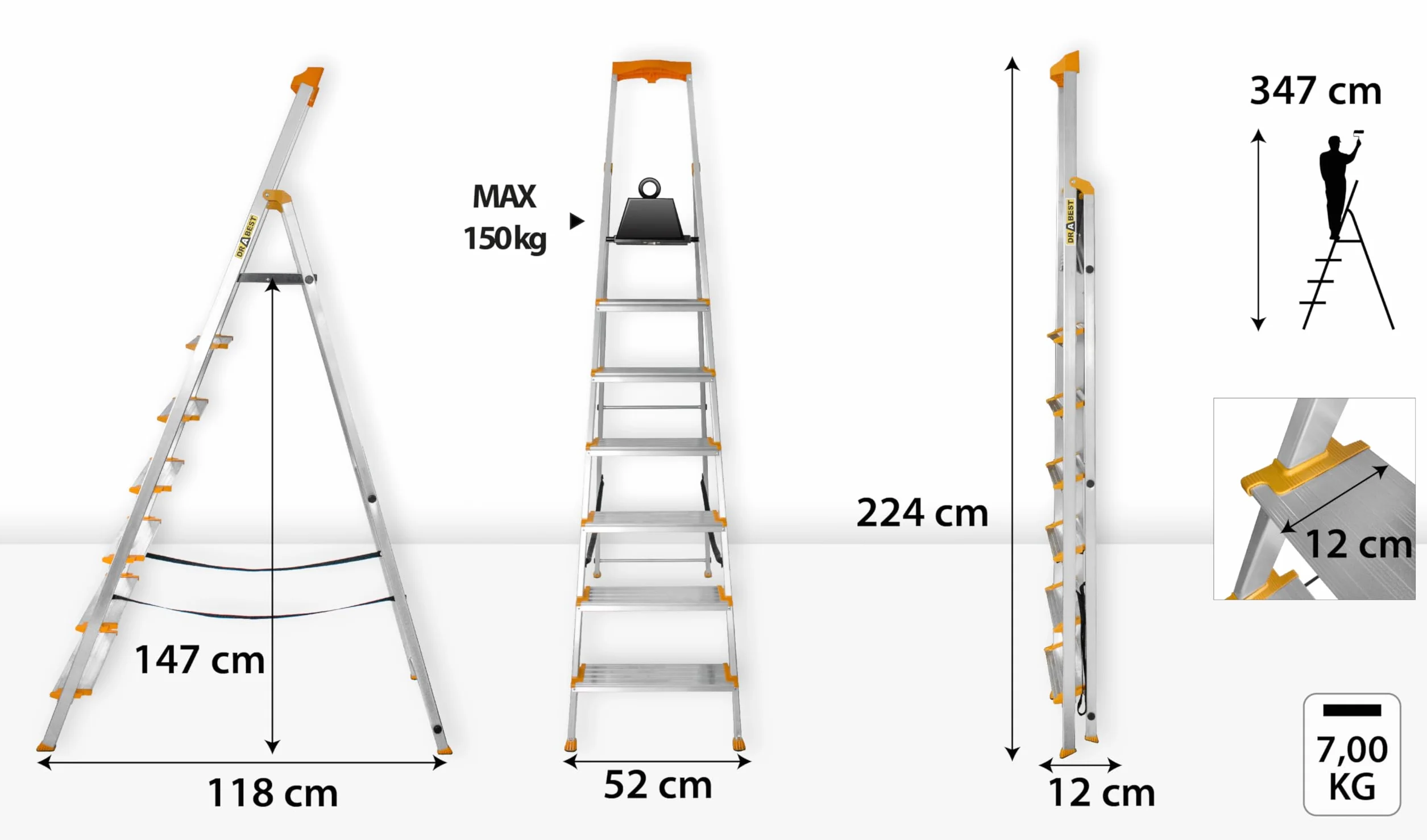 DRABEST 7-stopniowa Drabina składana aluminiowa antypoślizgowa z półką 120 mm 150 kg