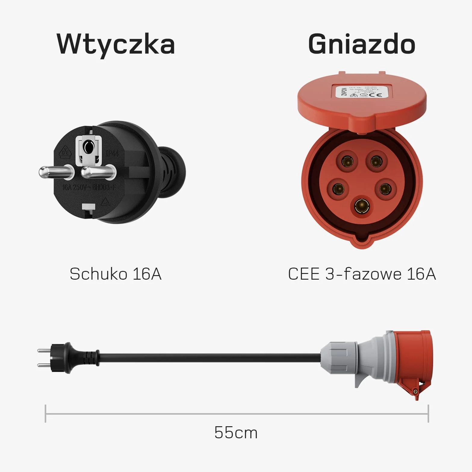 Zestaw adapterów CEE 16A 5-pin 3-fazowy 32A czerwony 1-fazowy 16A niebieski Schuko do EV