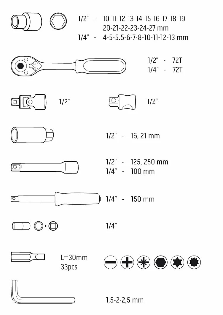 NEO TOOLS Zestaw kluczy nasadowych 1/2" 1/4" 73 szt. CrV 08-673
