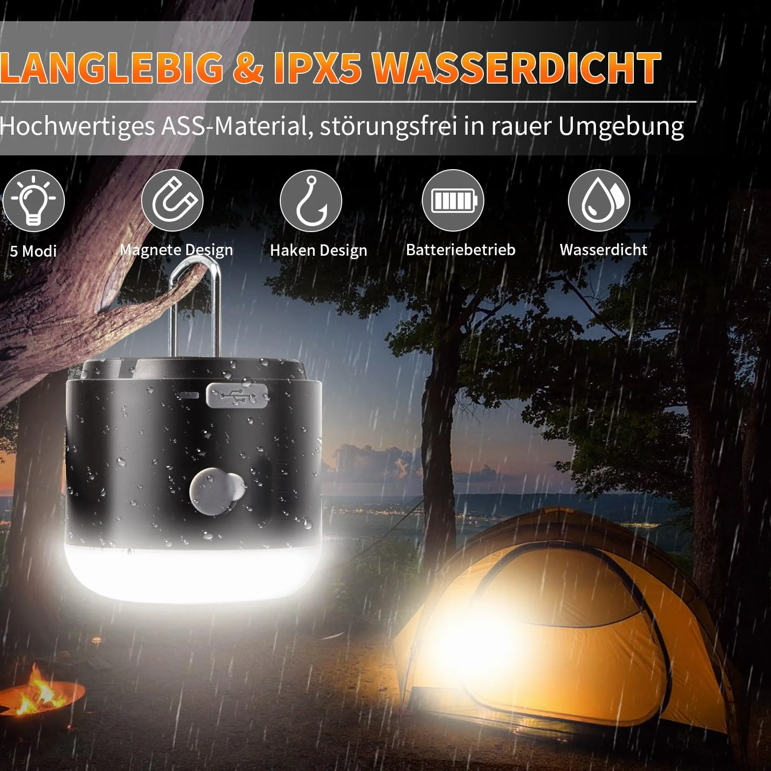 AOMEES lampa kempingowa LED, latarnia kempingowa, ładowana przez USB, z wentylatorem, sprayem, wodoszczelna IPX5, mini lampa namiotowa, magnetyczna lampa kempingowa z haczykiem na wędrówki