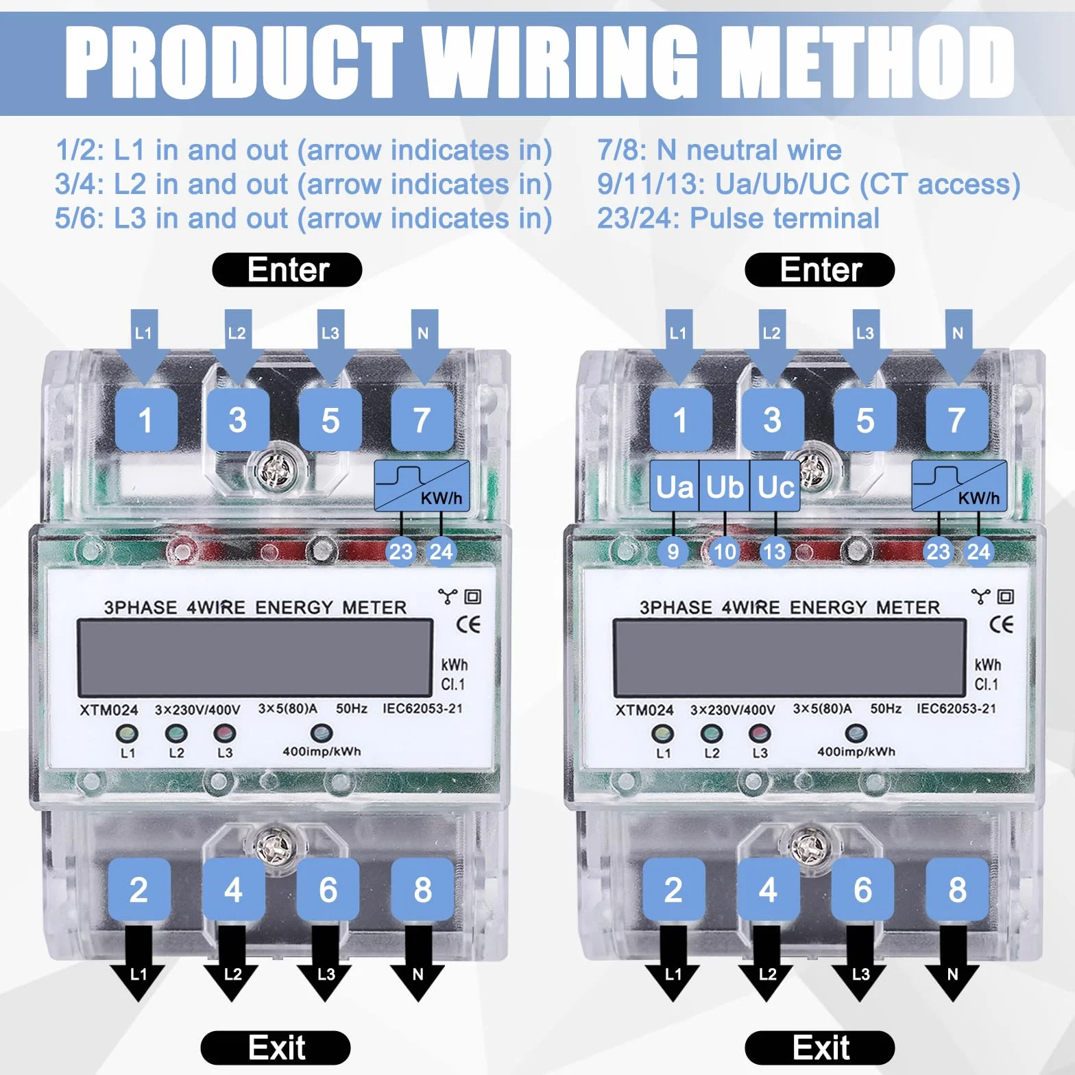Licznik energii elektrycznej trójfazowy 3-fazowy 230/400 V 5-100 A szyna montażowa LCD