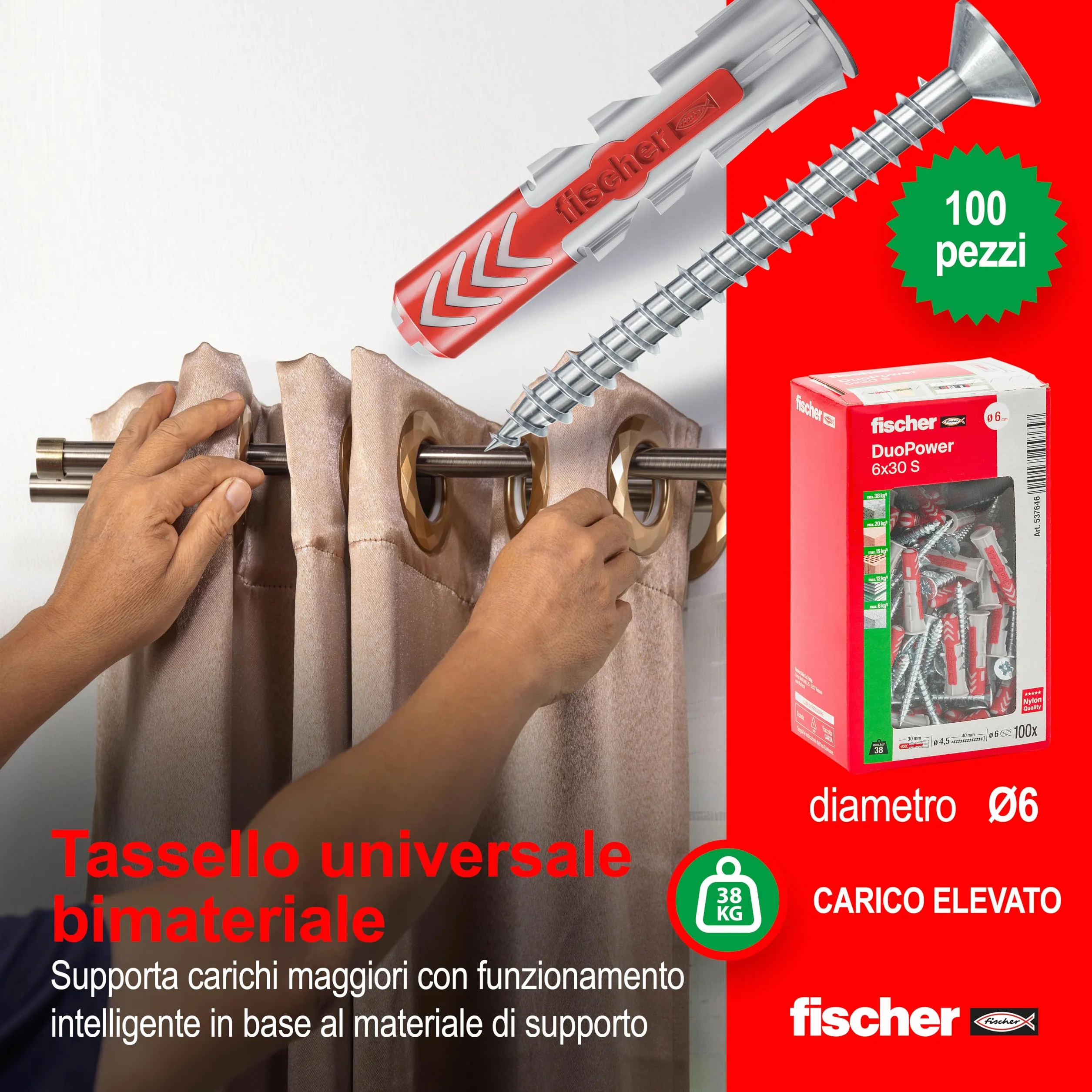 Fischer Duopower 100 kołków ze śrubą 6 x 40 mm do ściany pełnej cegły perforowanej płyty gipsowo-kartonowej