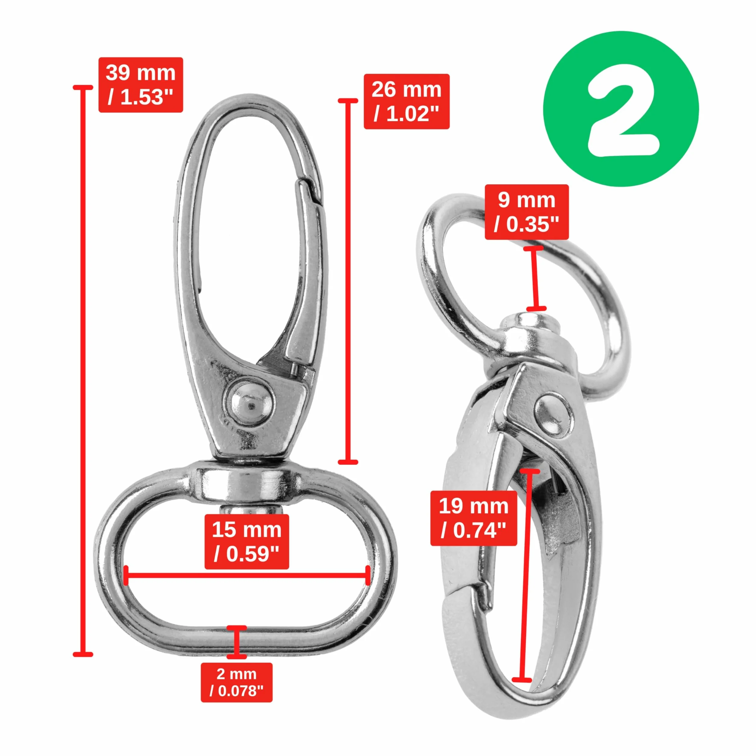 Metalowy karabińczyk z zamknięciem obrotowym 360° 12 sztuk pierścień D 15 mm