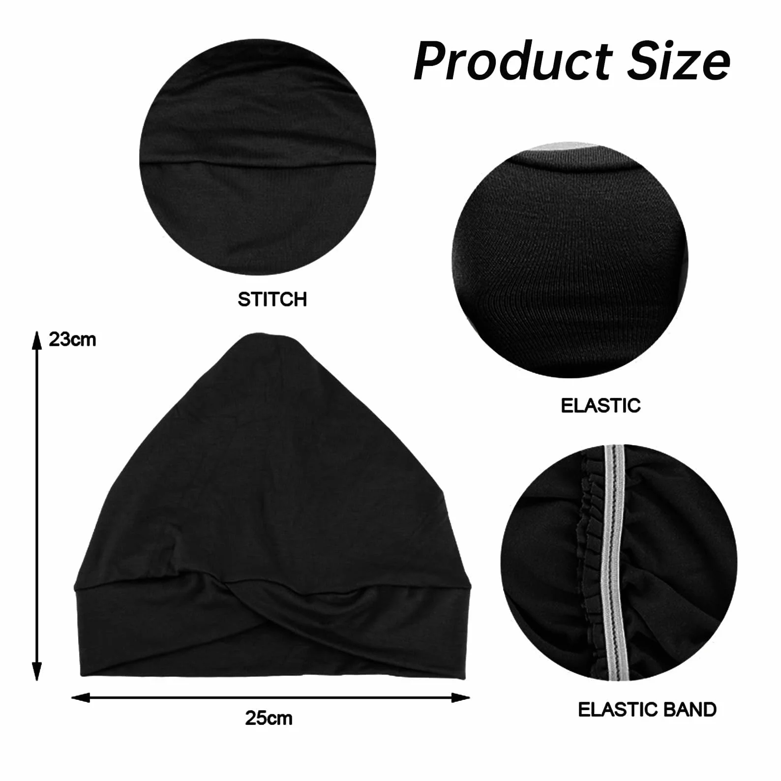 Czarny damski turban, jednokolorowy, regulowany kolor, turban z plisowanego materiału, elastyczny kaptur crossover, okrągły kapelusz turbanowy, dla kobiet, długie, krótkie włosy