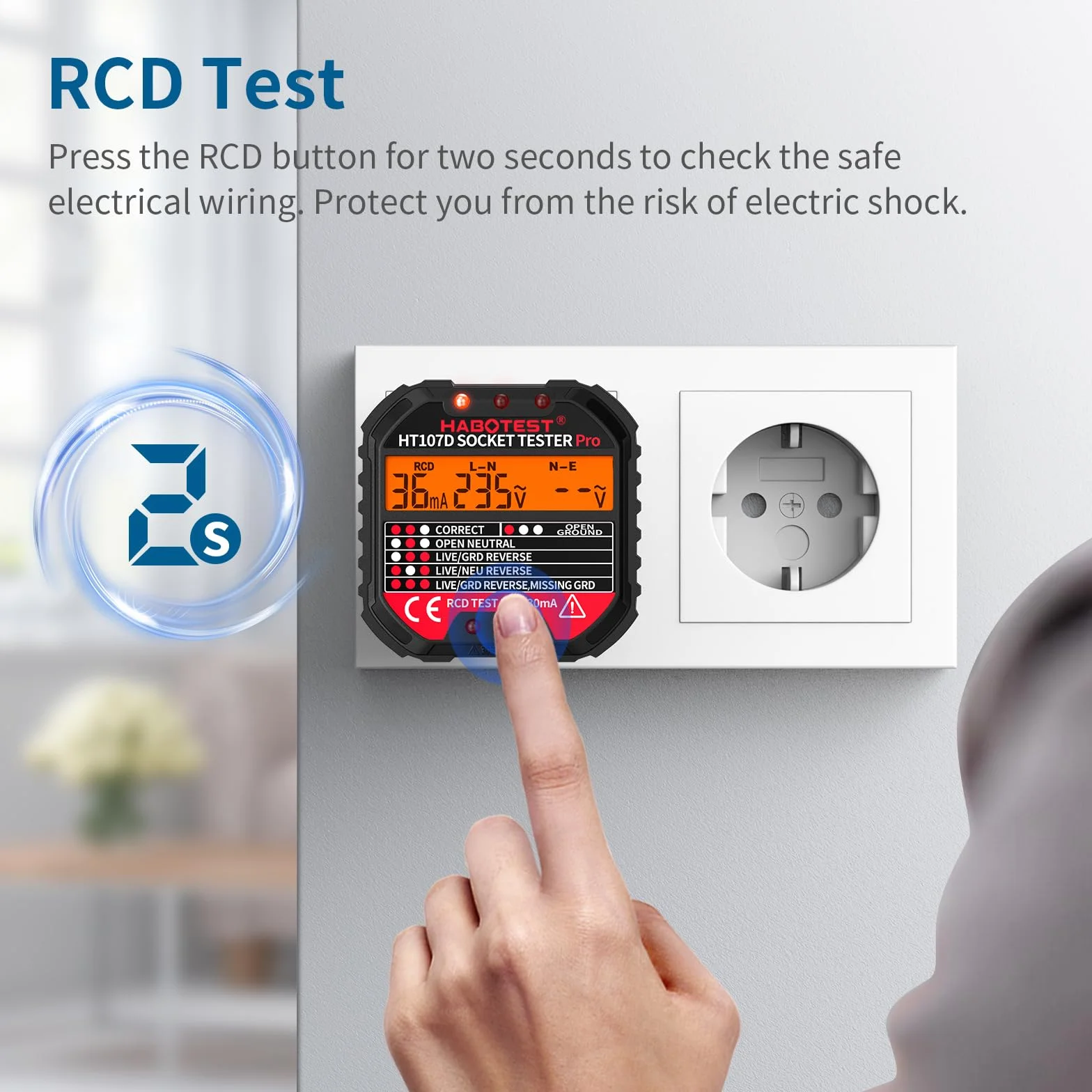 YOJOCK Tester gniazd, Tester Wtyczek RCD, tester napięcia elektrycznego z wyświetlaczem LCD, CAT.II 300V