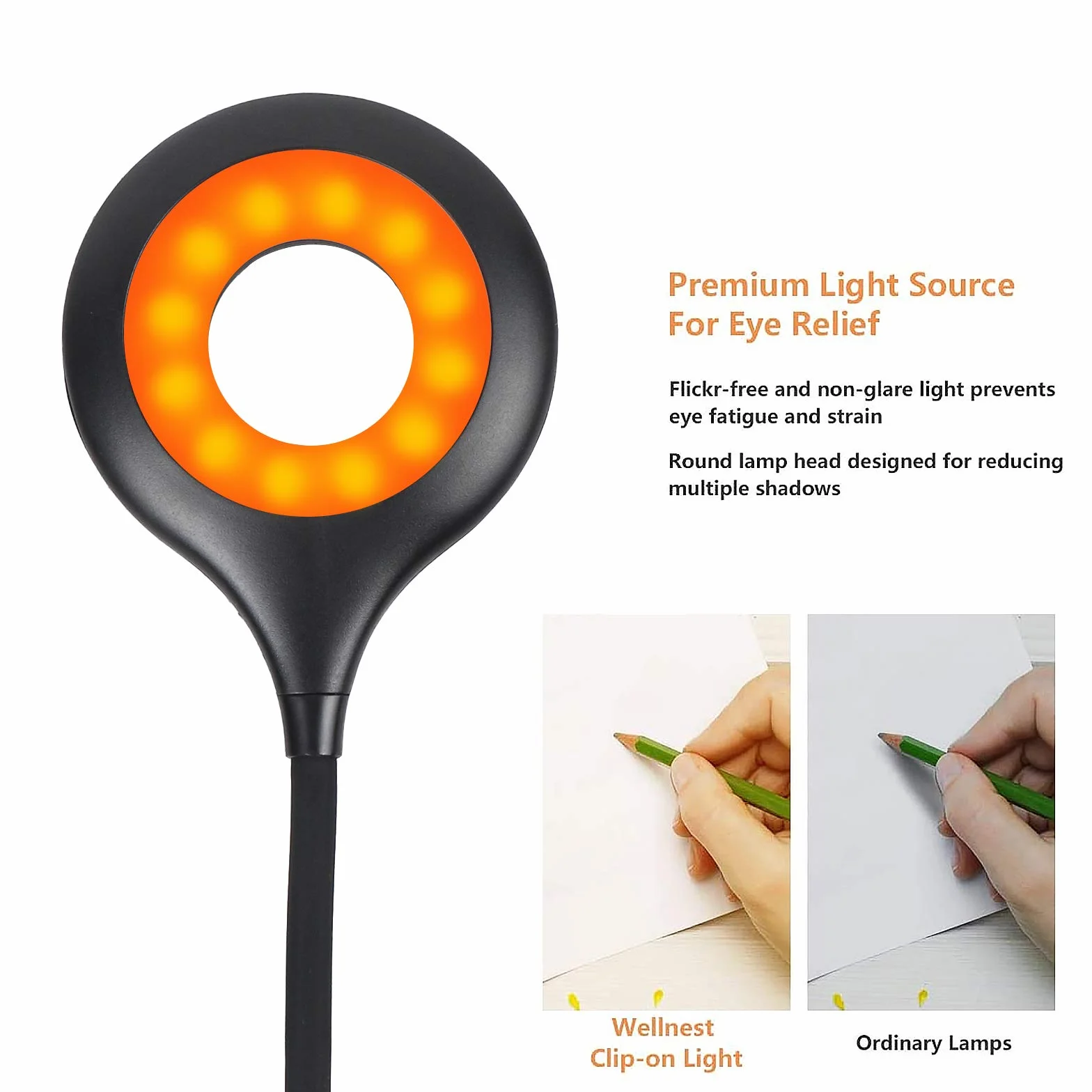 Lampka do czytania, lampa zaciskowa 16 LED, łóżko, lampki do książek, lampa zaciskowa do ładowania USB, jasność 5, możliwość przyciemniania, elastyczna lampa zaciskowa 360 °, ochrona oczu, bursztynowa lampka nocna, lampka nocna [Klasa energetyczna A++]