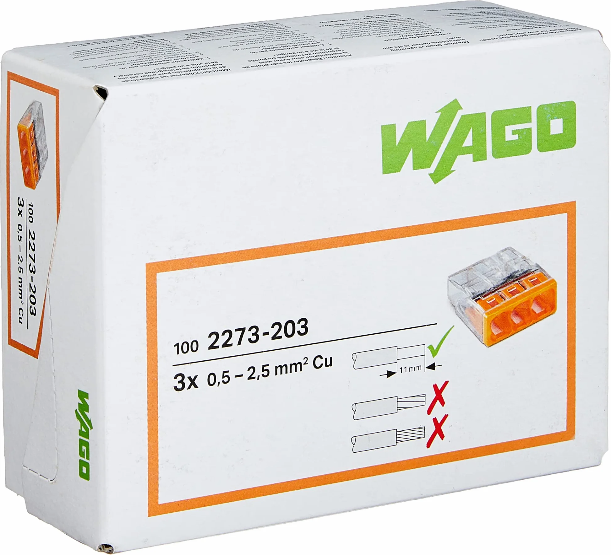 Kopp Wago Compact 3-Przewodowy Zacisk 0,5-2,5 mm² 100 Sztuk Przezroczysty Pomarańczowy