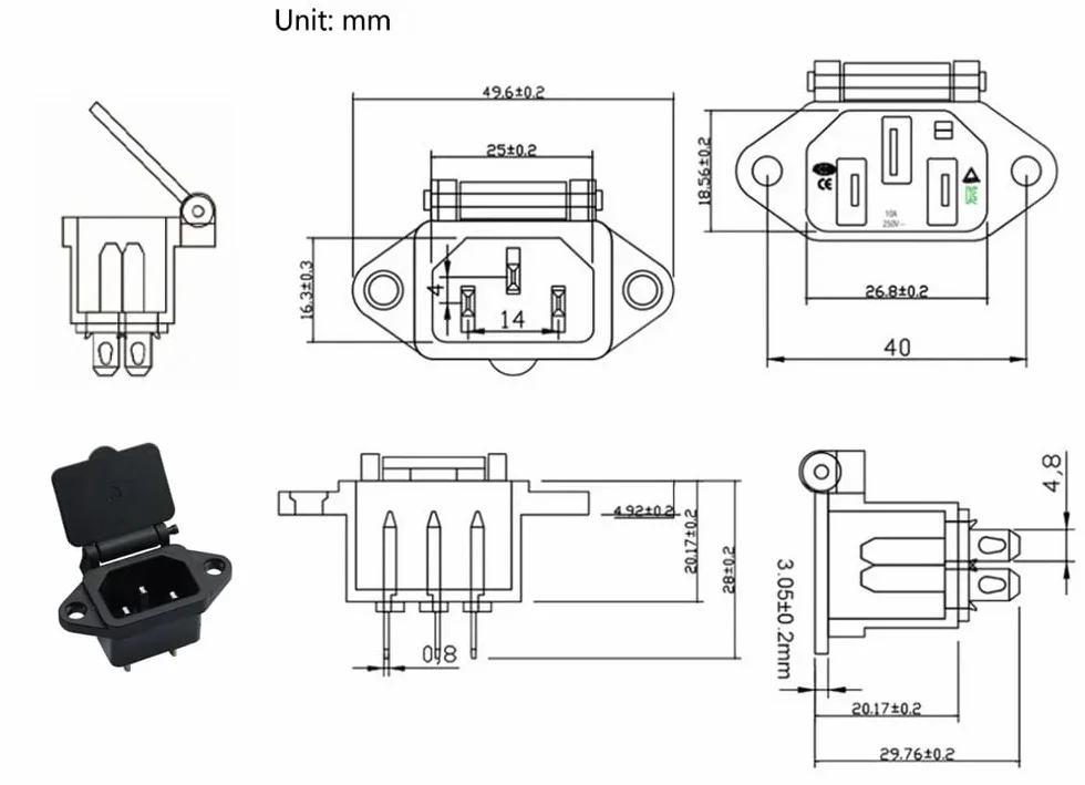 Zimne urządzenia do zabudowy C-14, 10 A/250 V, 2 otwory, lutowanie lub przyłącze wtykowe 4,8 mm