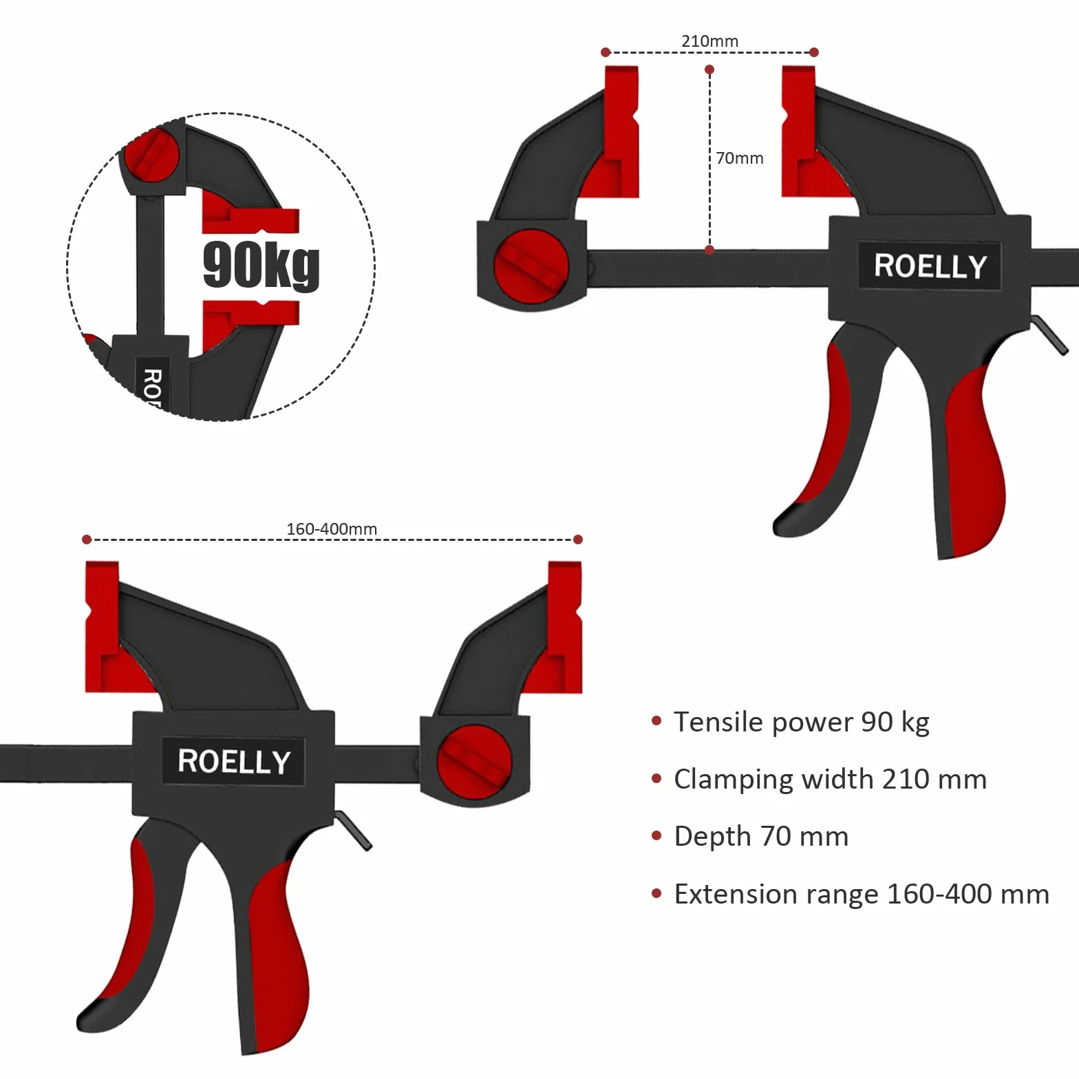 ROELLY 2-częściowy zestaw zacisków jednoręcznych i śrubowych 210mm 440mm 68kg