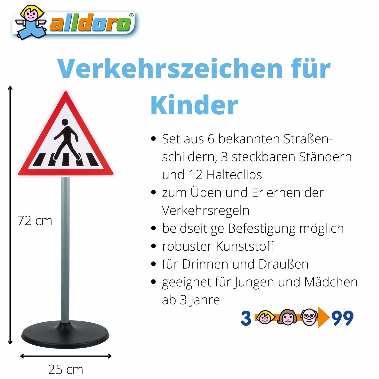 alldoro 60096 znaki drogowe dla dzieci, 72 cm wysokości, 3 stojaki, 6 szyldów, 12 klipsów