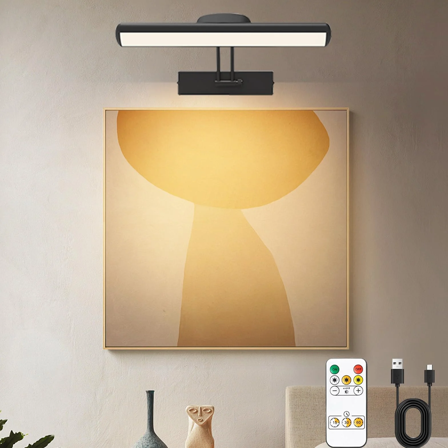 Lampa ścienna z pilotem, bezprzewodowe oświetlenie tablicy LED, obrotowa głowica oświetlenia LED z timerem, obrotowa lampa z ramieniem obrotowym o 180 stopni, do fresków i rzutek.
