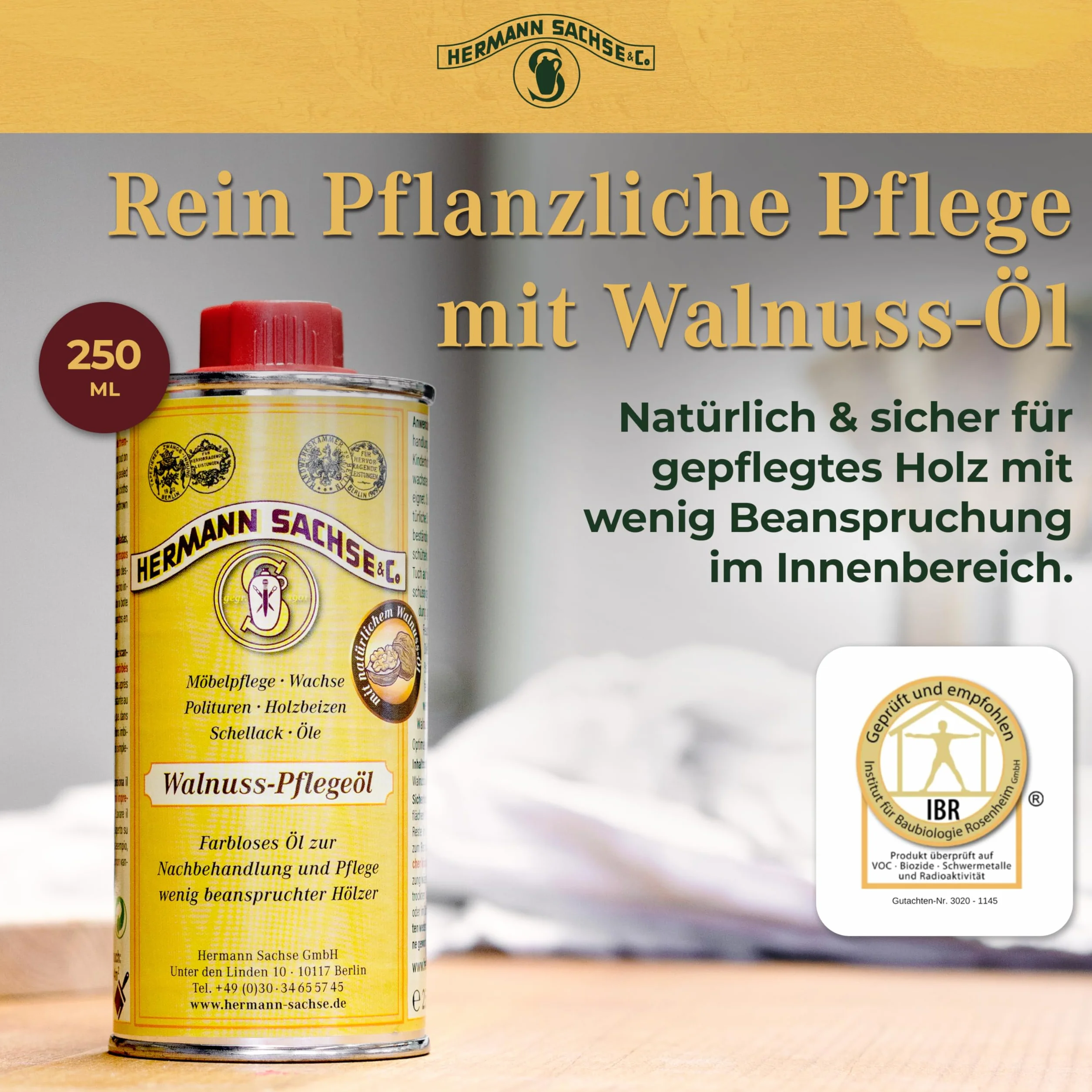 Hermann Sachse Olej orzechowy do drewna 250 ml – naturalny olej do mebli i stołów – pielęgnacja drewna dębu, orzecha, buka i sosny – zasięg 2-4 m²