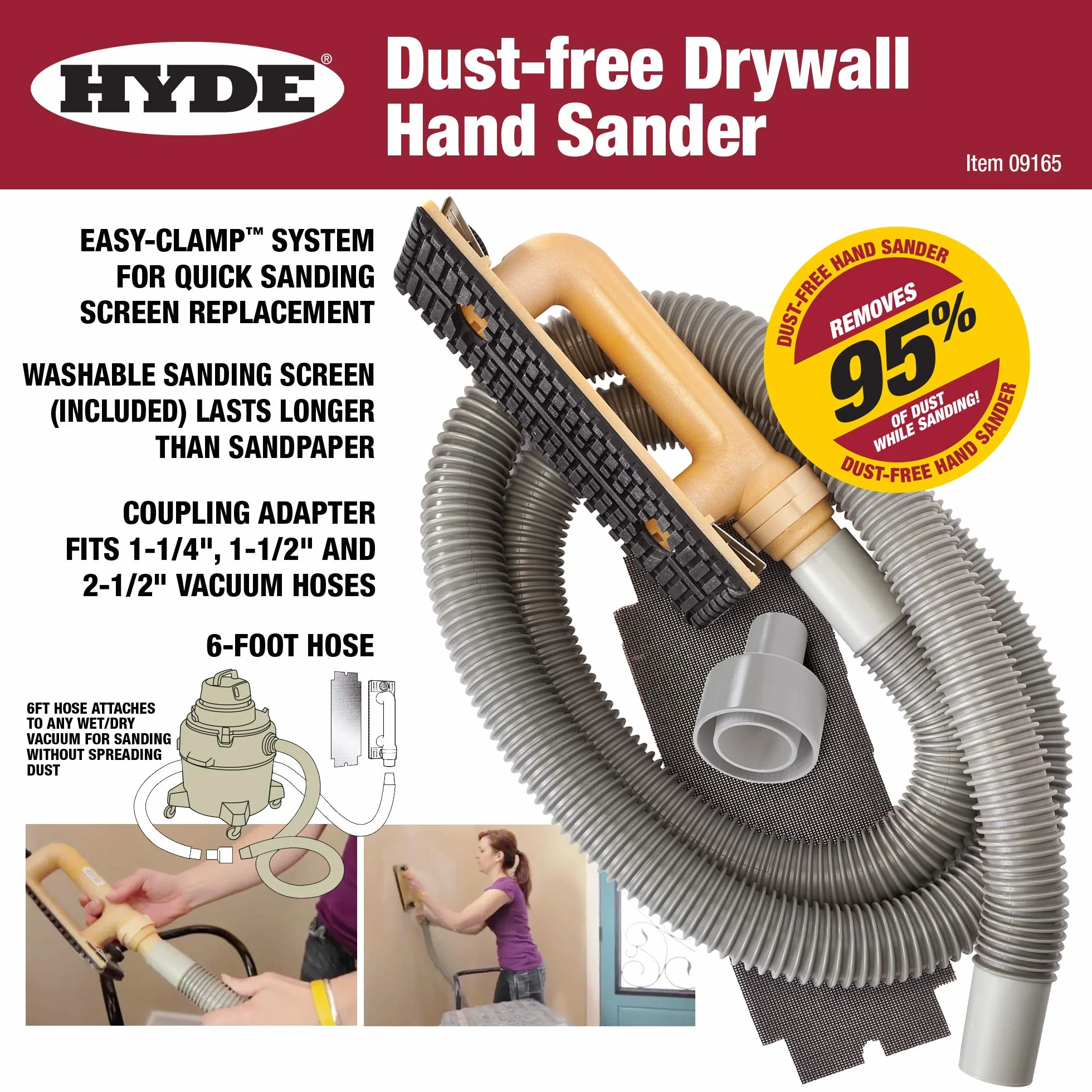 Hyde Tools 09165 Bezpyłowa szlifierka ręczna do płyt kartonowo-gipsowych z rurą 1,8 m