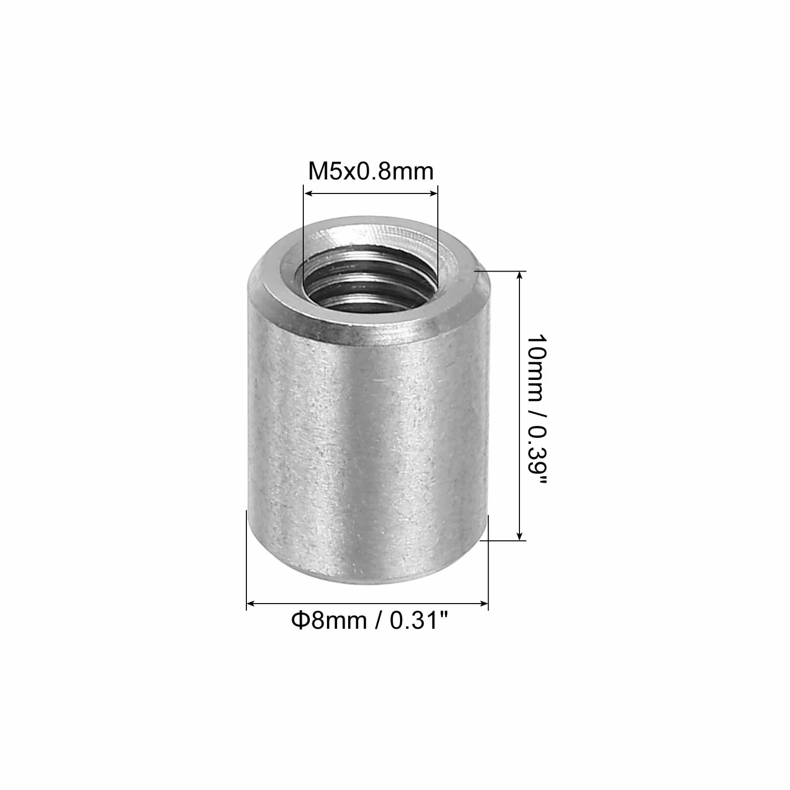 QUARKZMAN 10 sztuk okrągłych nakrętek łączących M5, nakrętka łącząca ze stali nierdzewnej 304 o długości 10 mm / 0,39 ", nakrętka kołka, tuleja, długość wspornika nakrętki pręta M5 x 10 x 8 mm