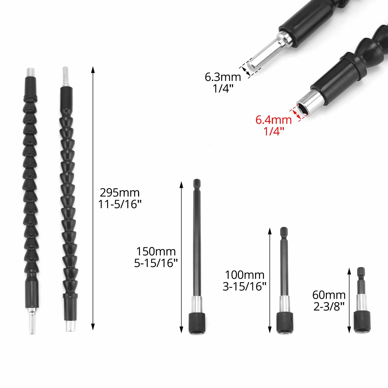 QWORK 2 x 1/4" elastyczny pręt przedłużający 30 cm, 3 sztuki, trzpień sześciokątny, uchwyt do bitów wkrętaka 60/100/150 mm