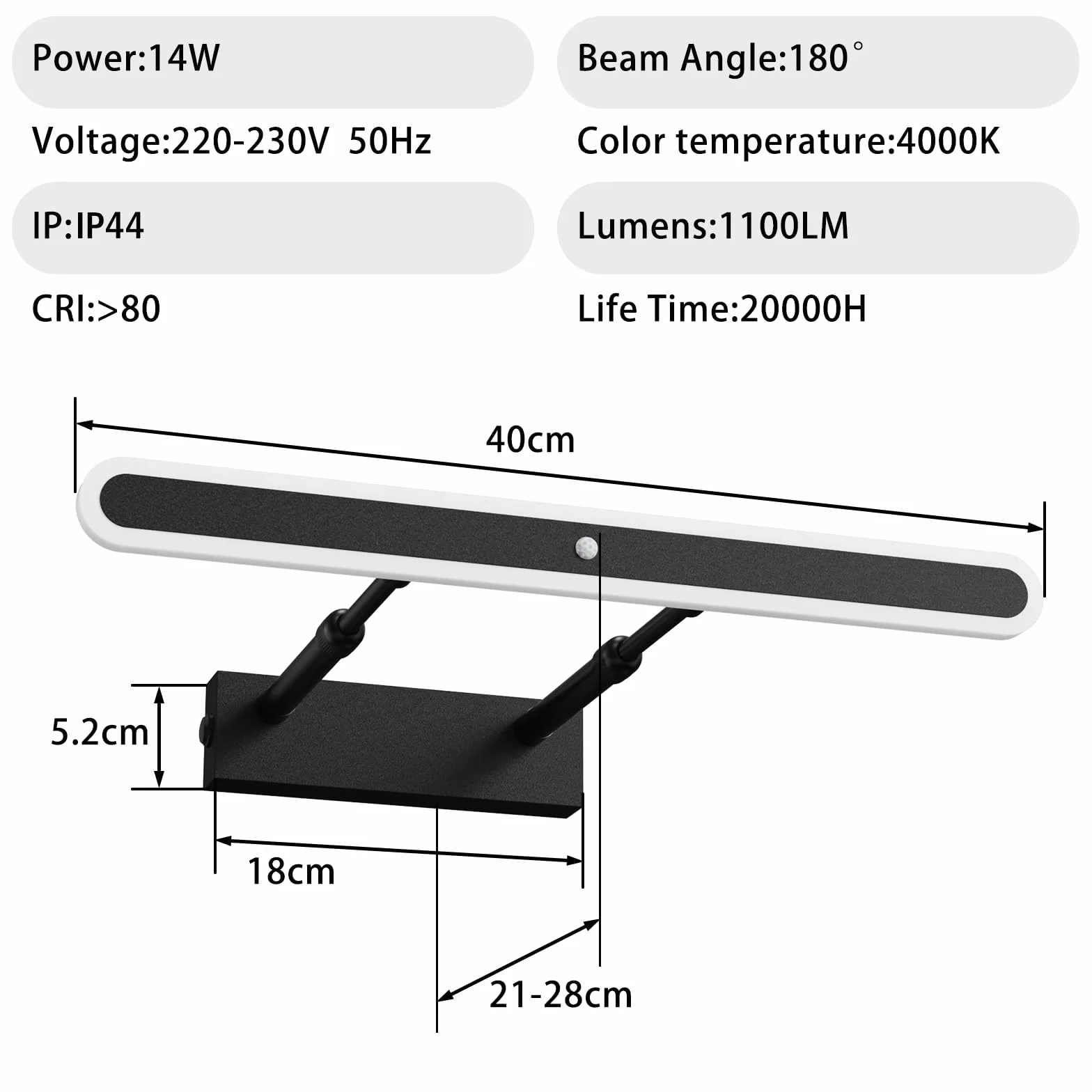 Lampa łazienkowa na lustro łazienkowe z przełącznikiem, 40 cm, lampa nad lustro, 4000 K, IP44, obracana o 180°, lampa łazienkowa, 17-25 cm, wysuwana, oświetlenie szafki z lustrem, czarna