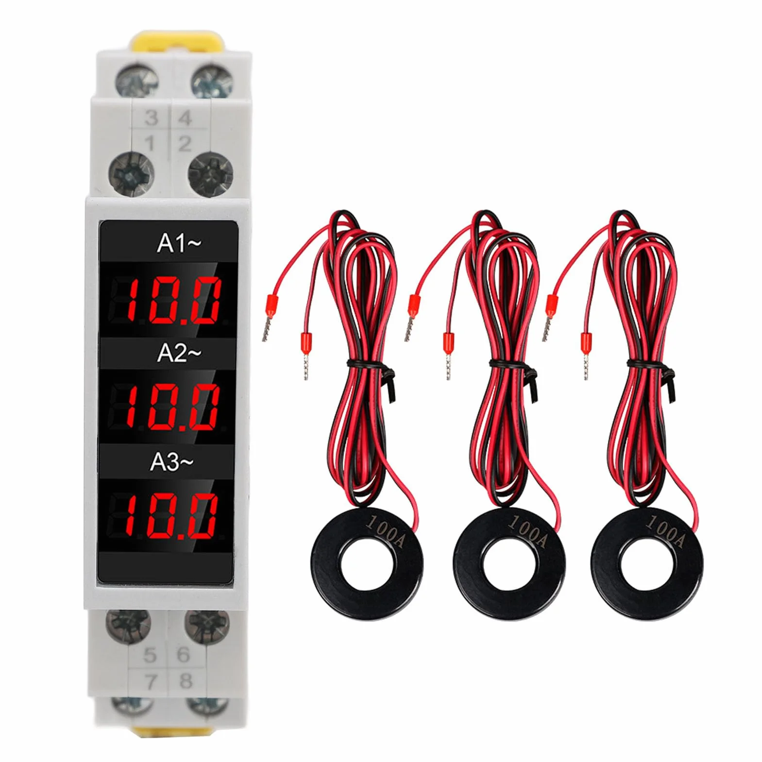 3-fazowy Amperomierz Cyfrowy LED Na szynę DIN AC80-500V 1-100A
