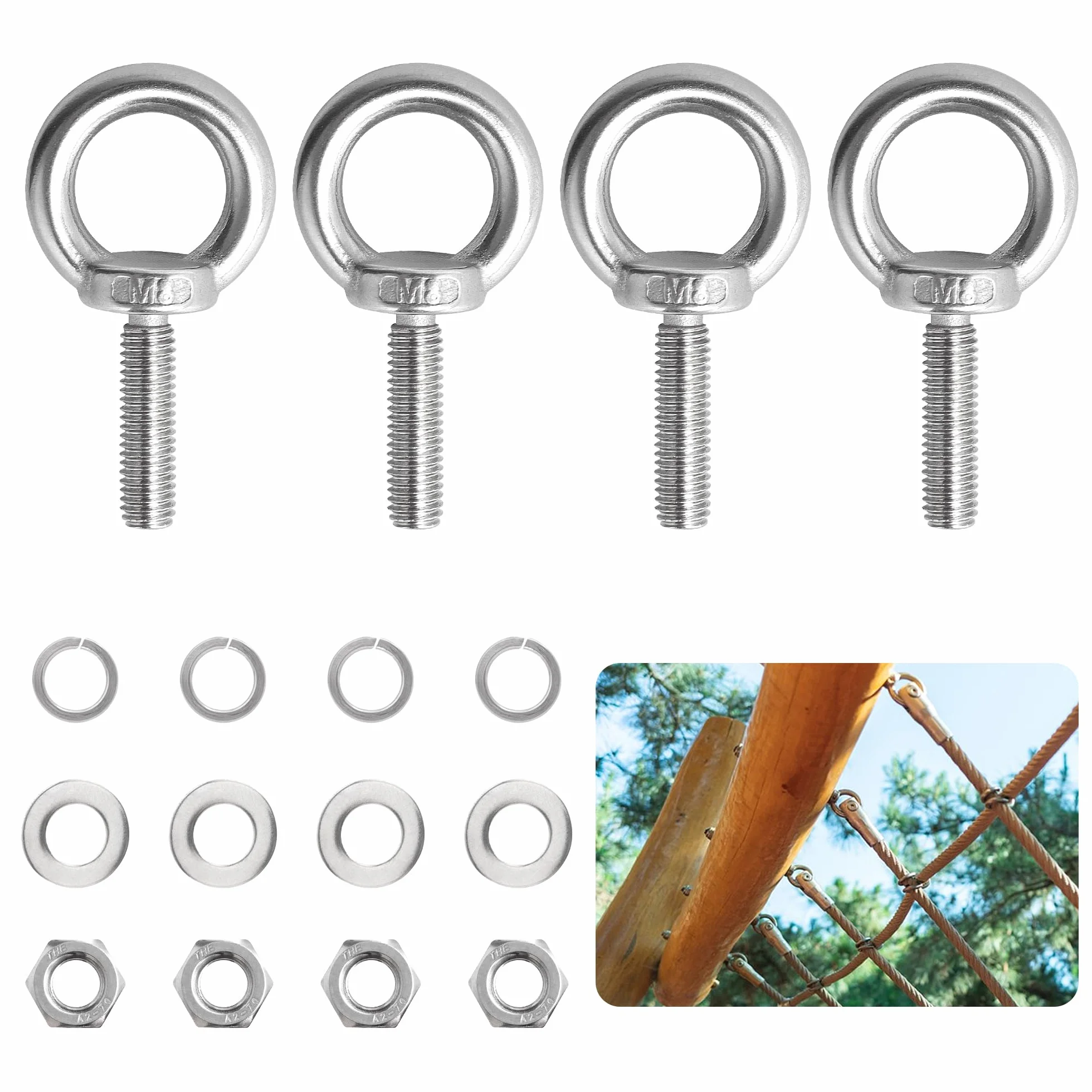 Śruba oczkowa M8 ze stali nierdzewnej 304, 4 sztuki, M8 × 30 mm, z podkładkami