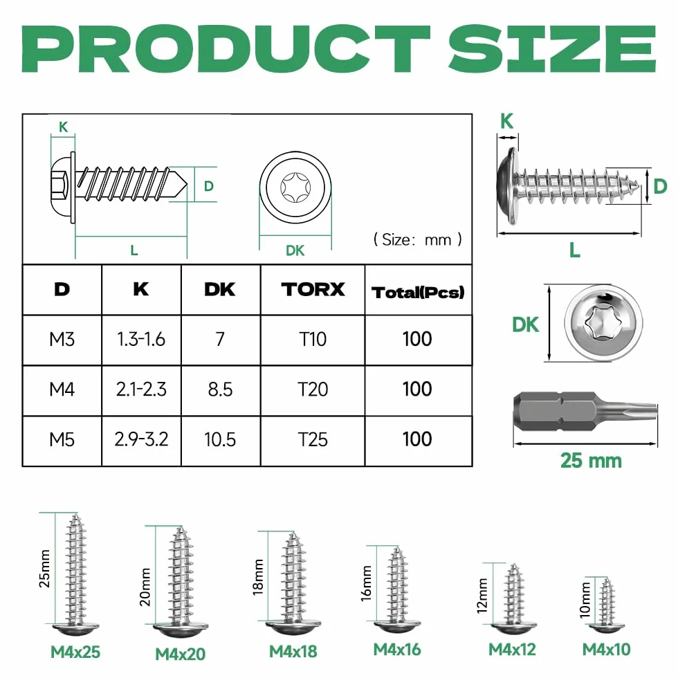 Wkręty blachowe ze stali nierdzewnej M4 x 20 mm A2 V2A Torx pełny gwint 100 sztuk