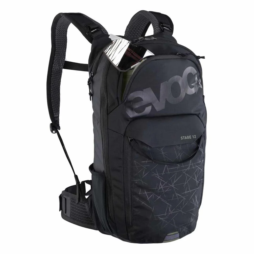 EVOC STAGE 12, plecak (regulowane paski naramienne z BRACE LINK, AIR FLOW CONTACT SYSTEM, z kieszenią na bukłak, kieszenią na narzędzia i paskami kompresyjnymi, jeden rozmiar)