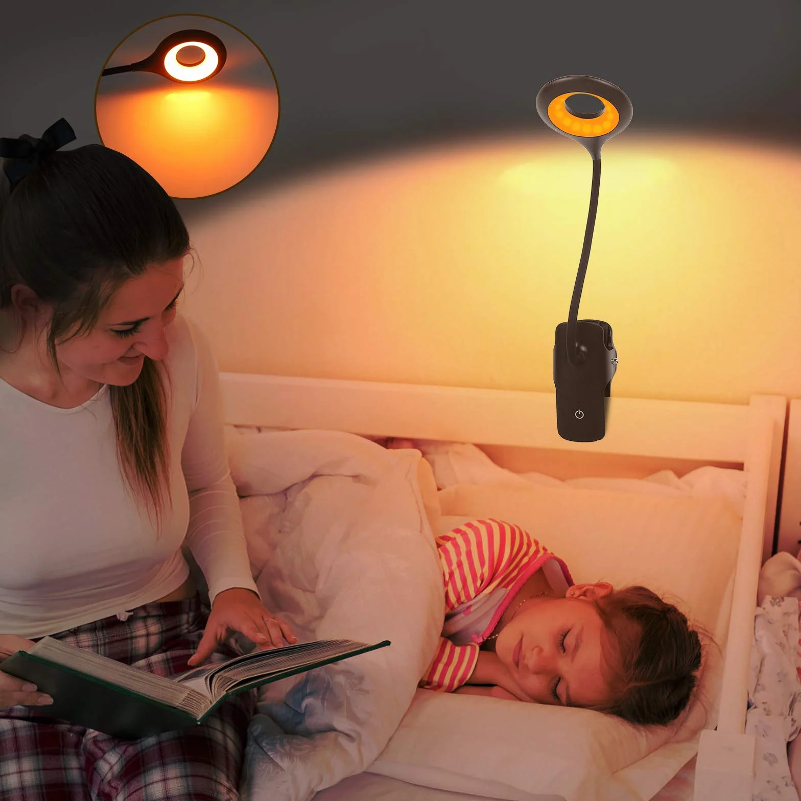 Lampka do czytania, lampa zaciskowa 16 LED, łóżko, lampki do książek, lampa zaciskowa do ładowania USB, jasność 5, możliwość przyciemniania, elastyczna lampa zaciskowa 360 °, ochrona oczu, bursztynowa lampka nocna, lampka nocna [Klasa energetyczna A++]