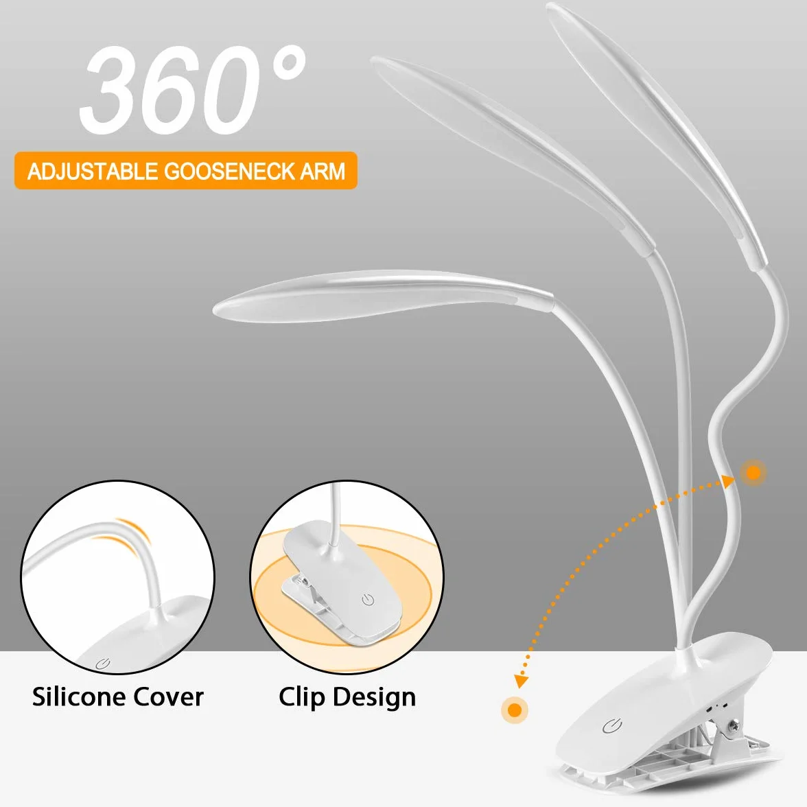 Lampa z klipsem LED 3 tryby świecenia USB sterowanie dotykowe lampka nocna biurkowa biała
