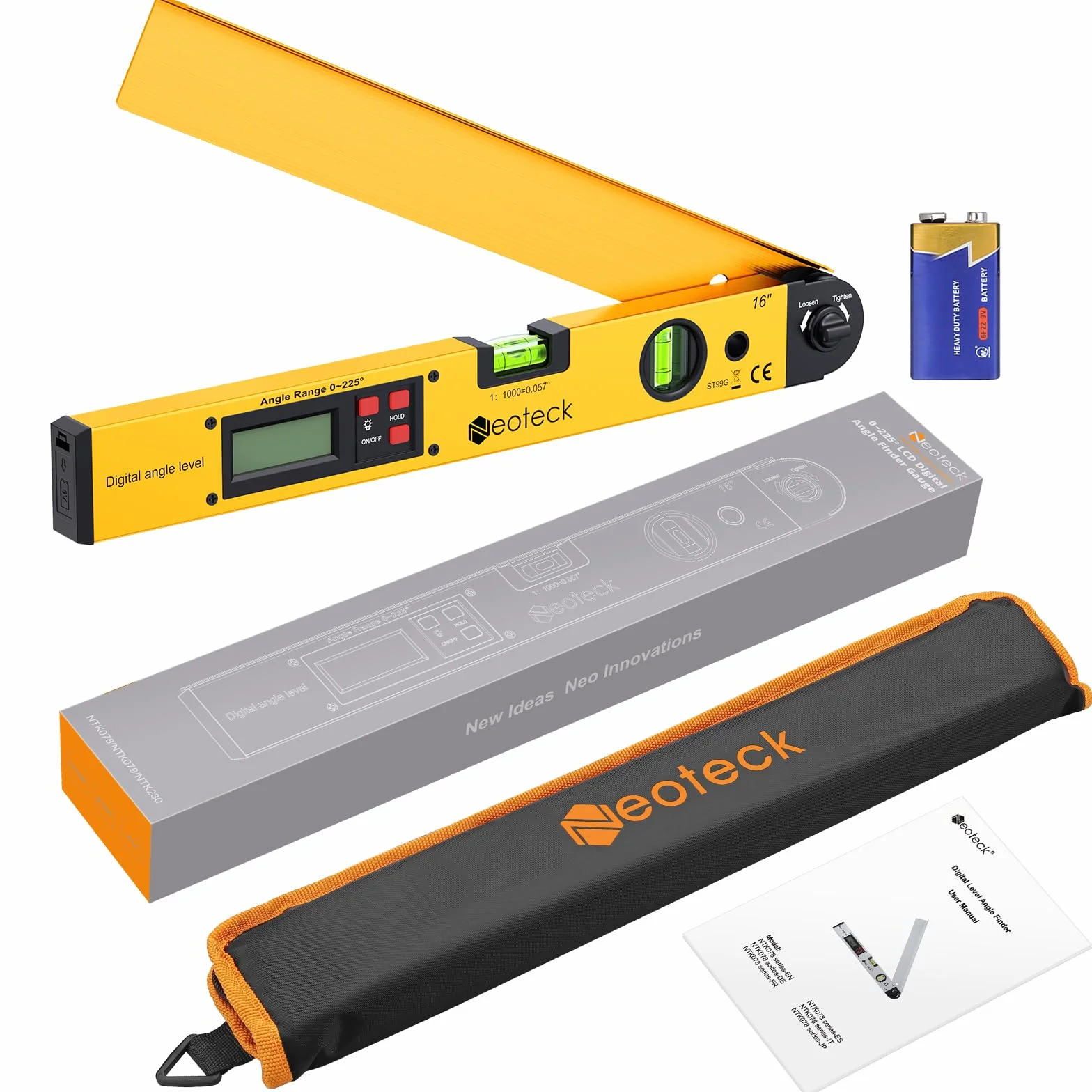 Neoteck Cyfrowy kątomierz 400 mm LCD 0-225° z poziomicą, złoty