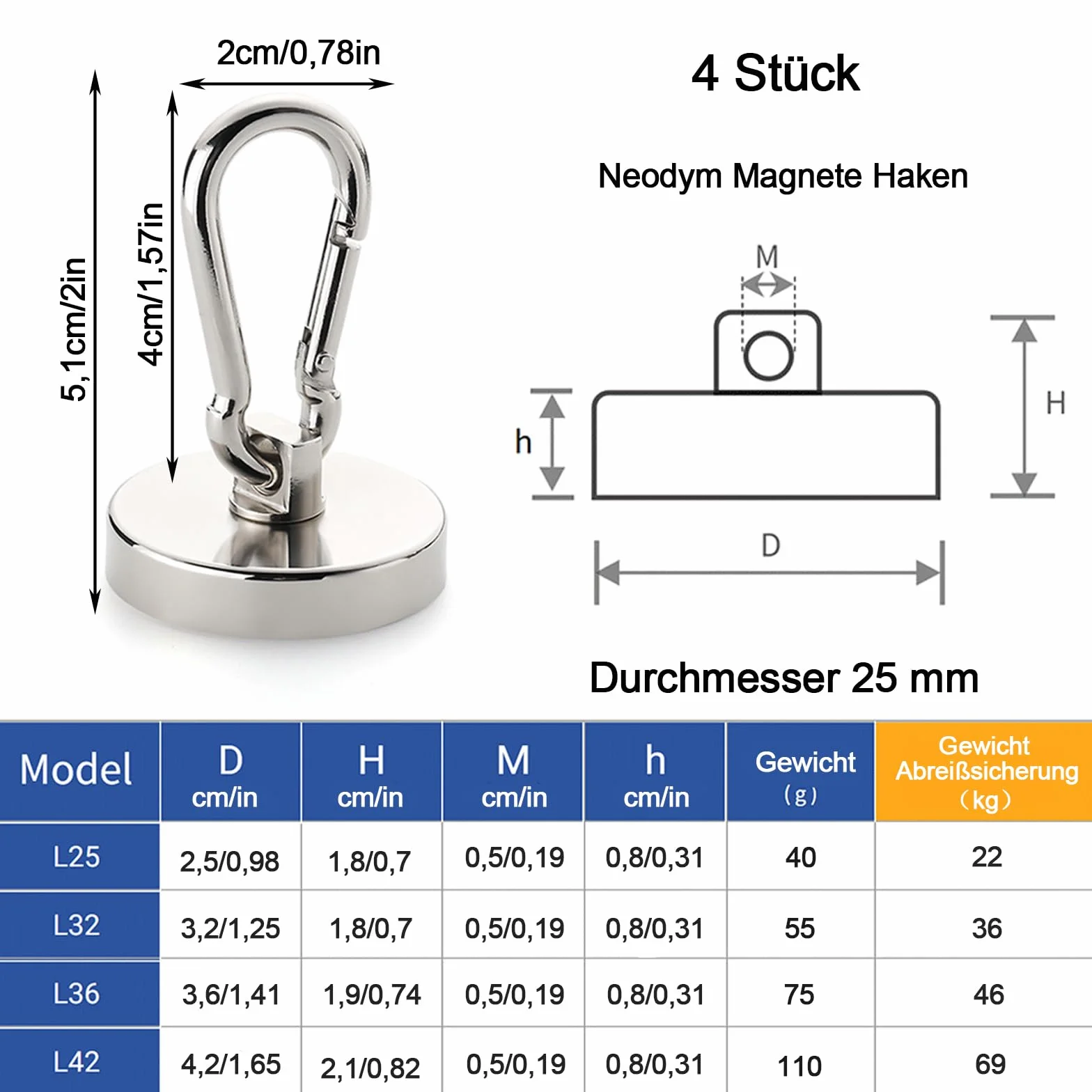 Magnesy neodymowe z haczykami 25 mm 22 kg siły ciągnącej 360°