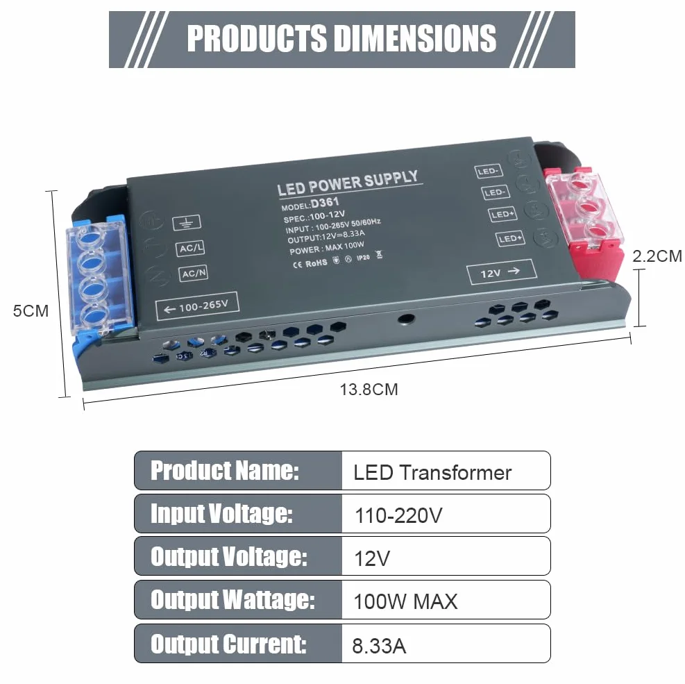 AXFEE Transformator LED 240V 12V 100W ultra cienki sterownik LED do taśm LED reflektorów