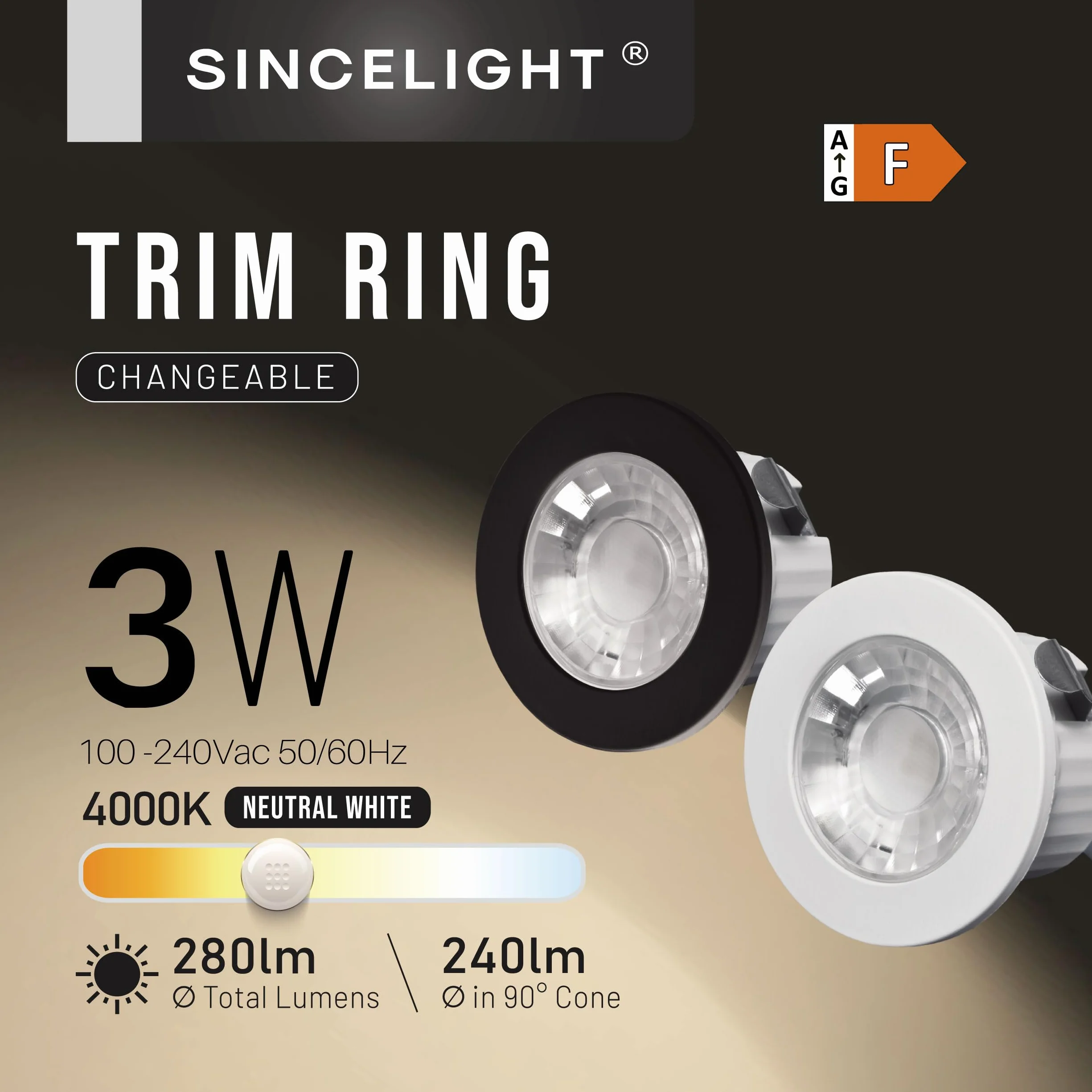 SINCELIGHT MINI Reflektory Sufitowe LED, 3W Mały Downlight do otworów 35-40mm w Sufitu/Szafki/Gabloty, Wymienny Pierścień Biały/Czarny, Wodoodporność IP65, RA≈92, Neutralny Biały 4000K, 5 Szt.