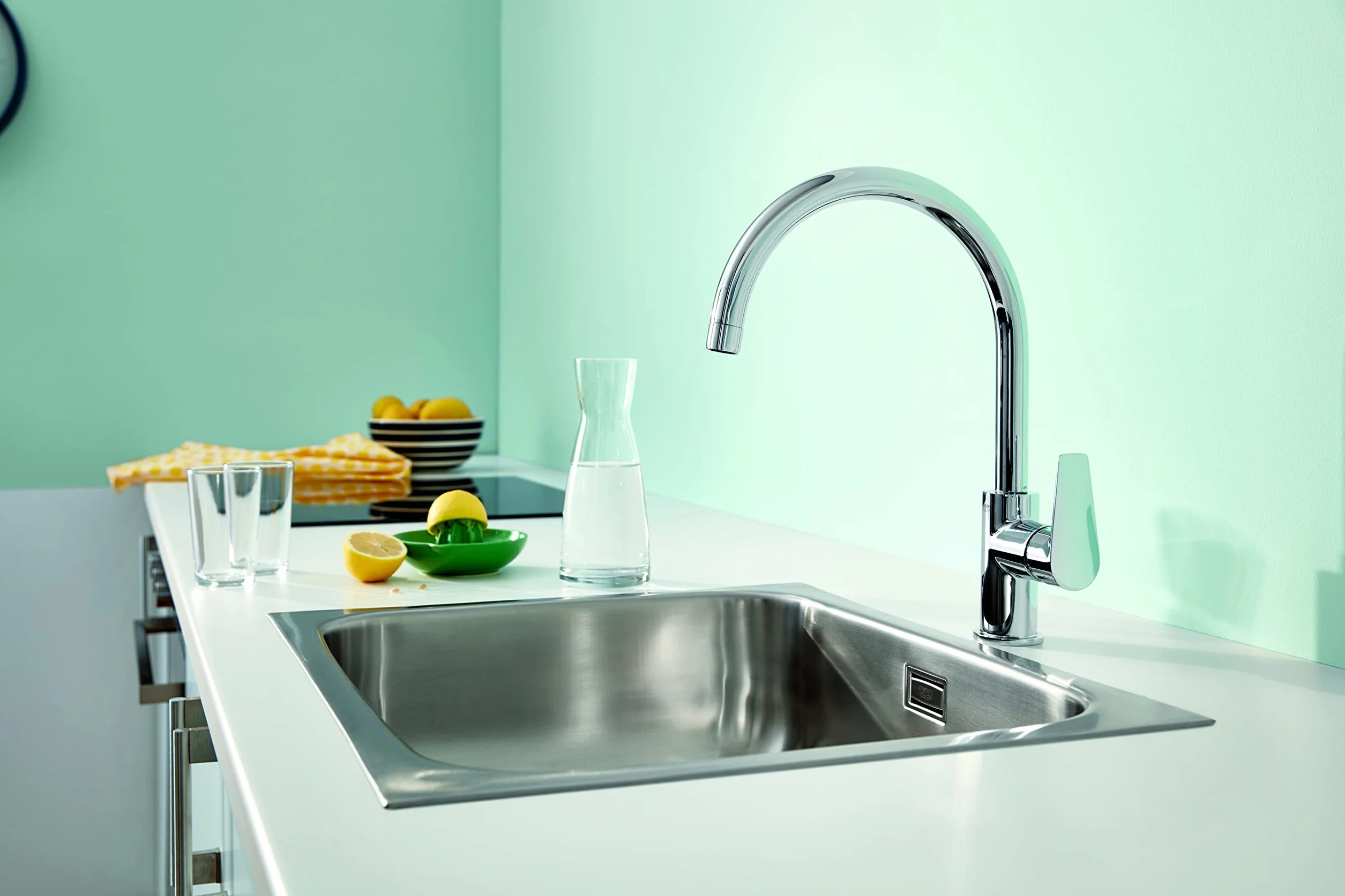 GROHE Start Edge jednouchwytowa bateria do zlewu kuchennego chrom wysoka wylewka C zakres obrotu 360° wkład ceramiczny 28 mm