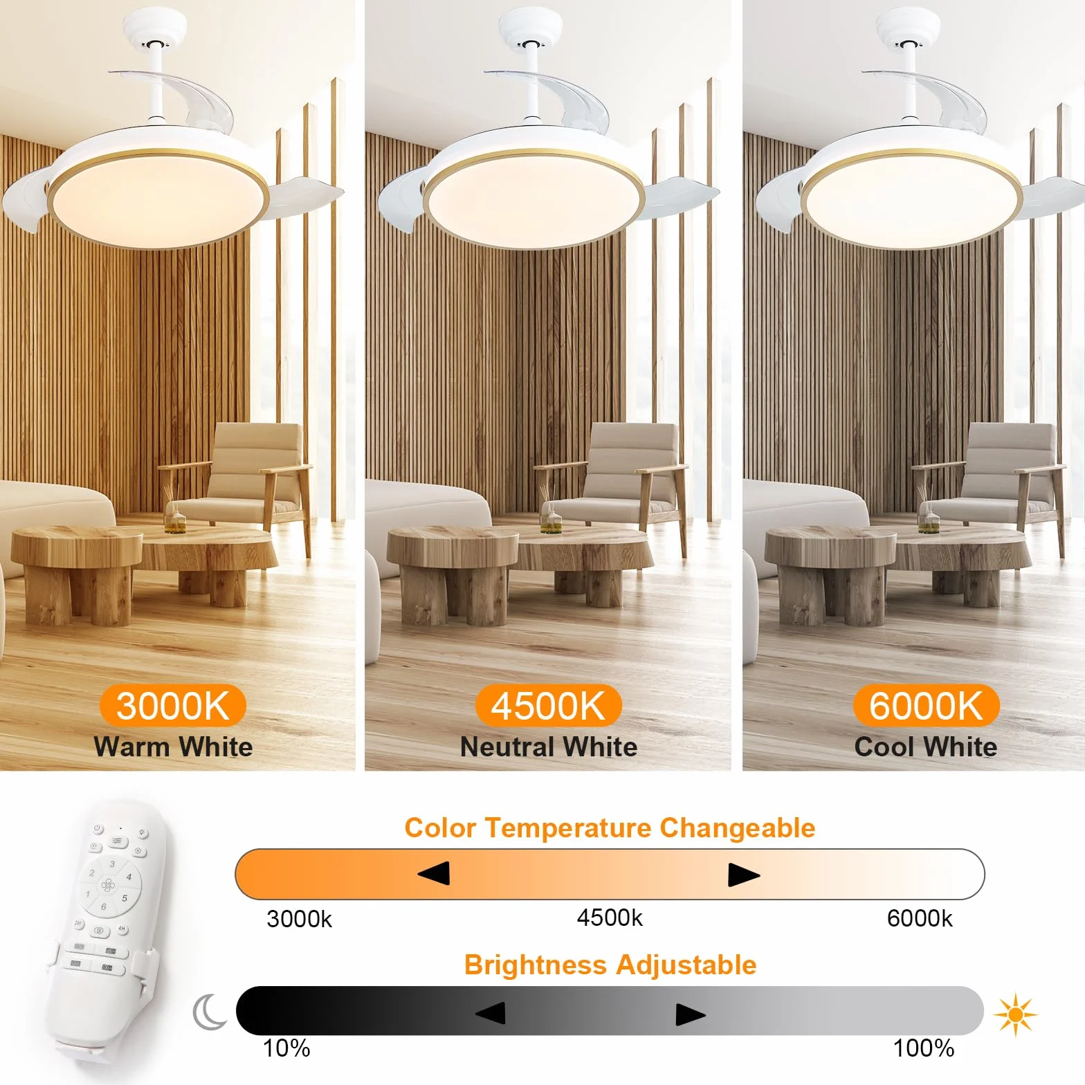 Jumoking Wentylator sufitowy z oświetleniem LED 47W 106cm wysuwane łopatki 3 temperatury 6 prędkości timer odwracalny silnik DC złoty