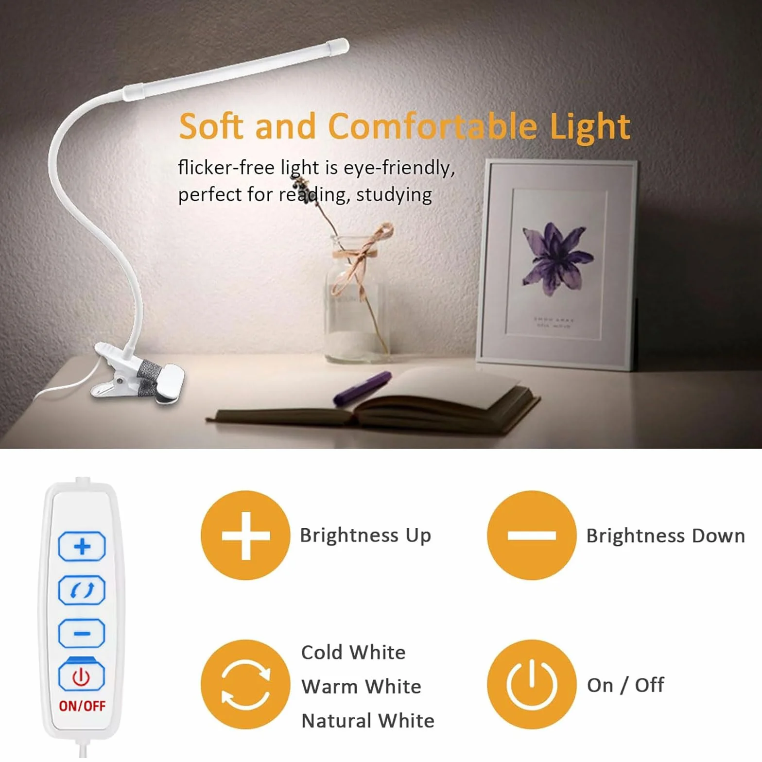 Akynite Lampa biurkowa 8W z zaciskiem USB, 3 kolory 10 jasności, elastyczna szyja łabędzia