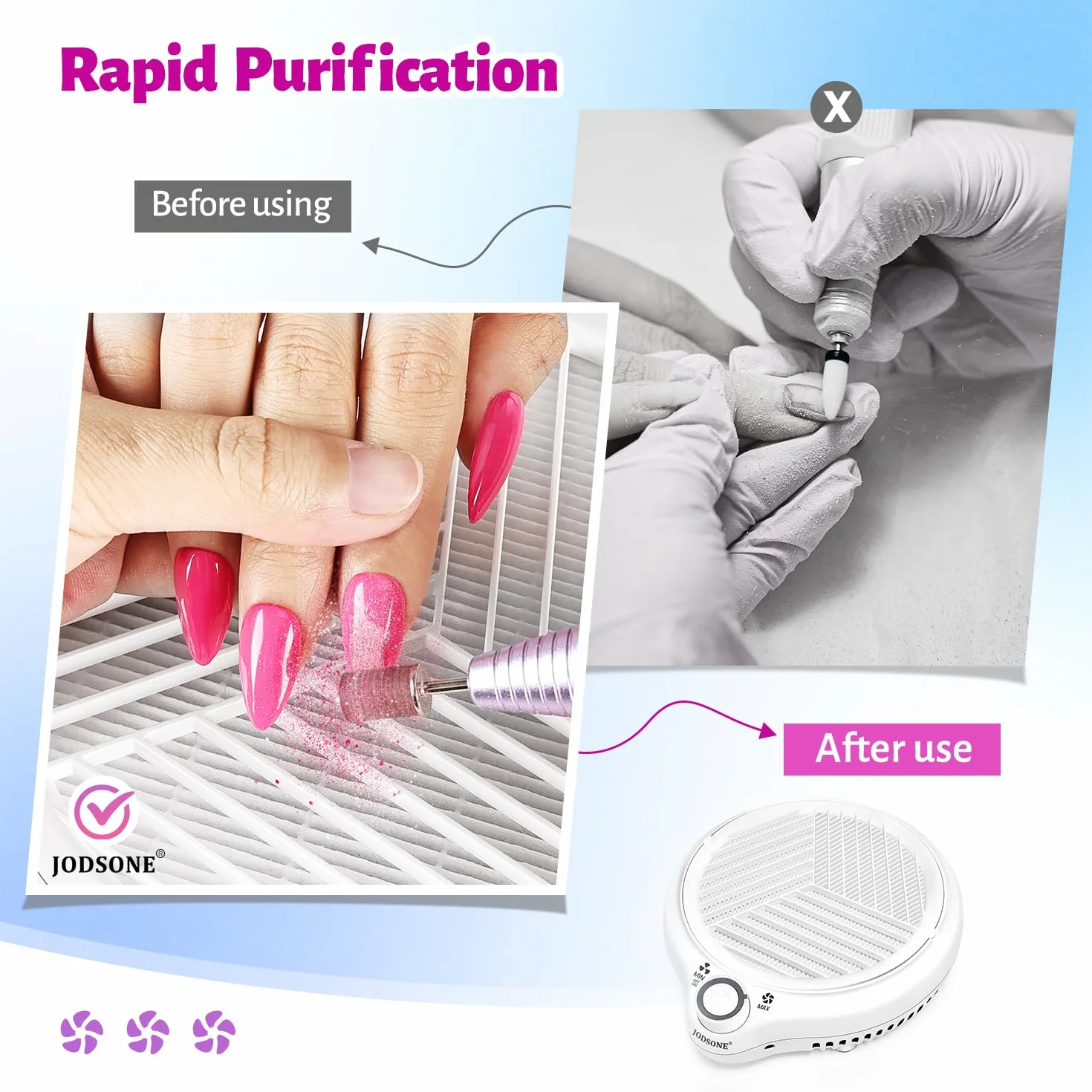 JODSONE Odpylacz do paznokci kompaktowy wentylator próżniowy wydajne odkurzanie okrągły odkurzacz do paznokci niezbędny do manicure