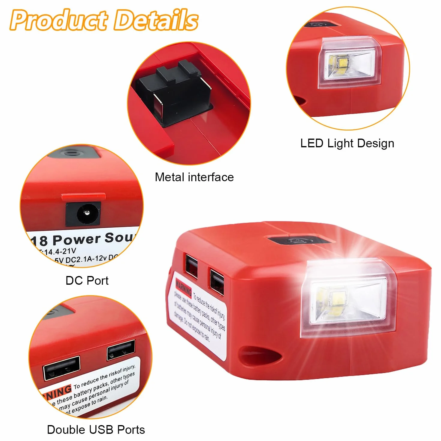 Adapter do baterii litowej 18 V 5 V/2,1 A podwójny adapter ładujący USB światło robocze LED 12 V DC konwerter mocy dla Milwaukee M18 czerwony