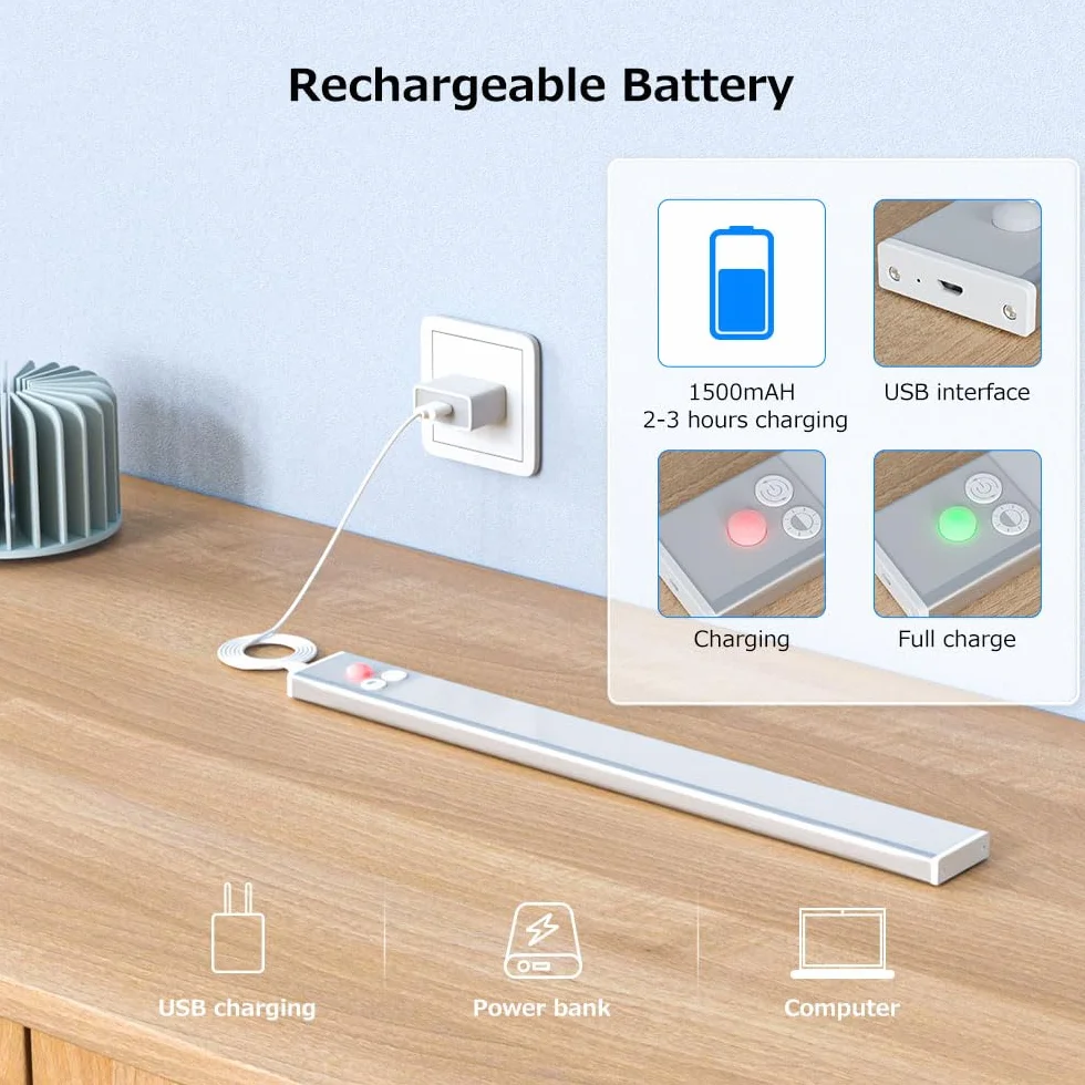 OUSFOT Oświetlenie szafki LED z czujnikiem ruchu 30 cm 2 sztuki bezprzewodowa ładowana przez USB srebrna