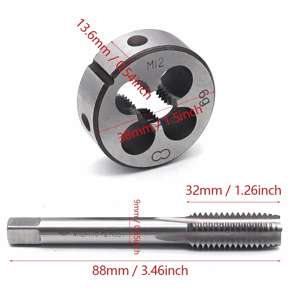 2 sztuki narzynek M12, zestaw gwintowników M12 x 1,75 mm, gwintownik metryczny, gwintownik rurowy