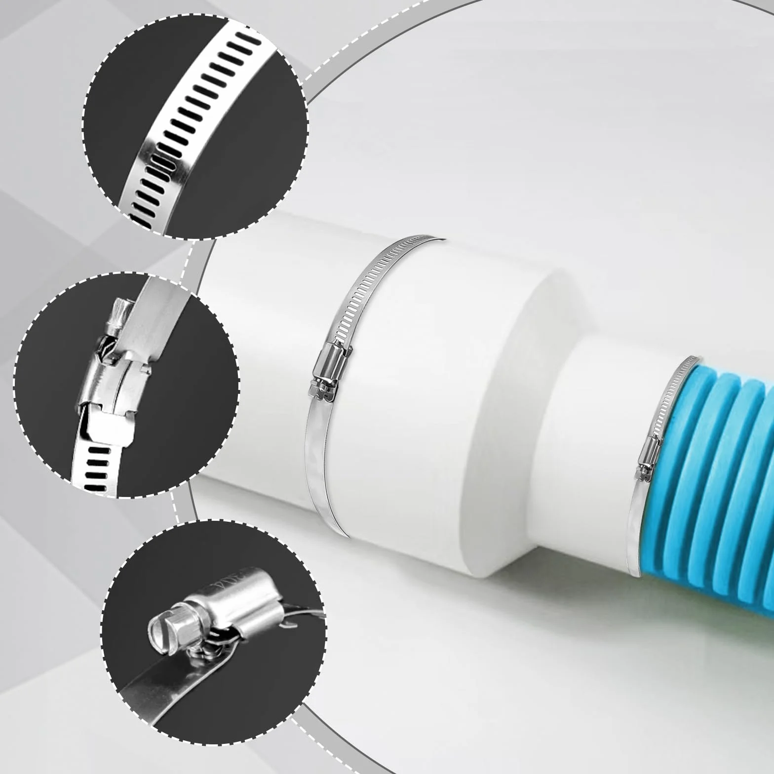 Adapter do węża wylotowego 150 mm do 100 mm, złączka redukcyjna ze stali nierdzewnej z 2 obejmami do wentylacji