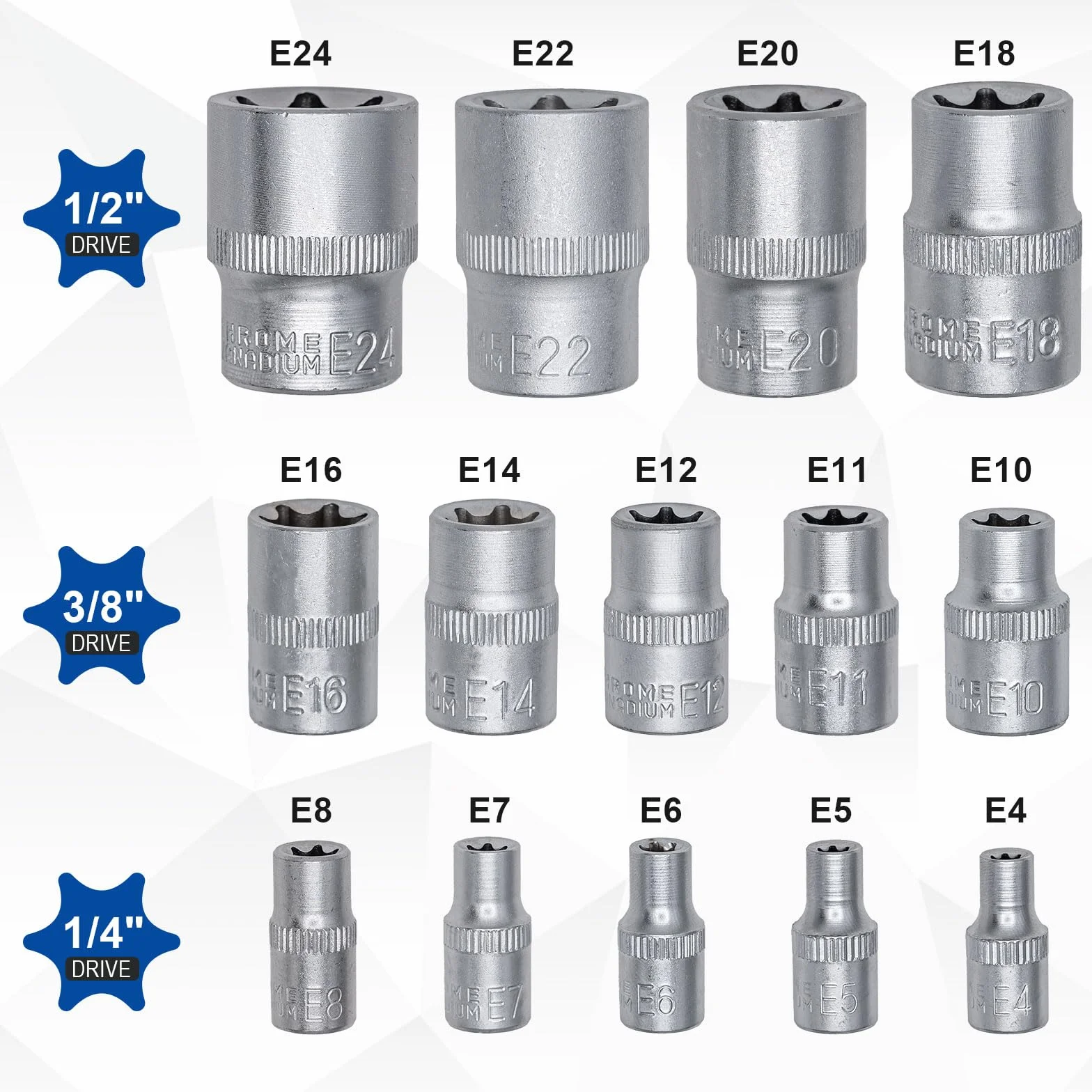 DAKCOS 14-częściowy zestaw kluczy nasadowych Torx E-Torx 1/4 3/8 1/2 cala CR-V