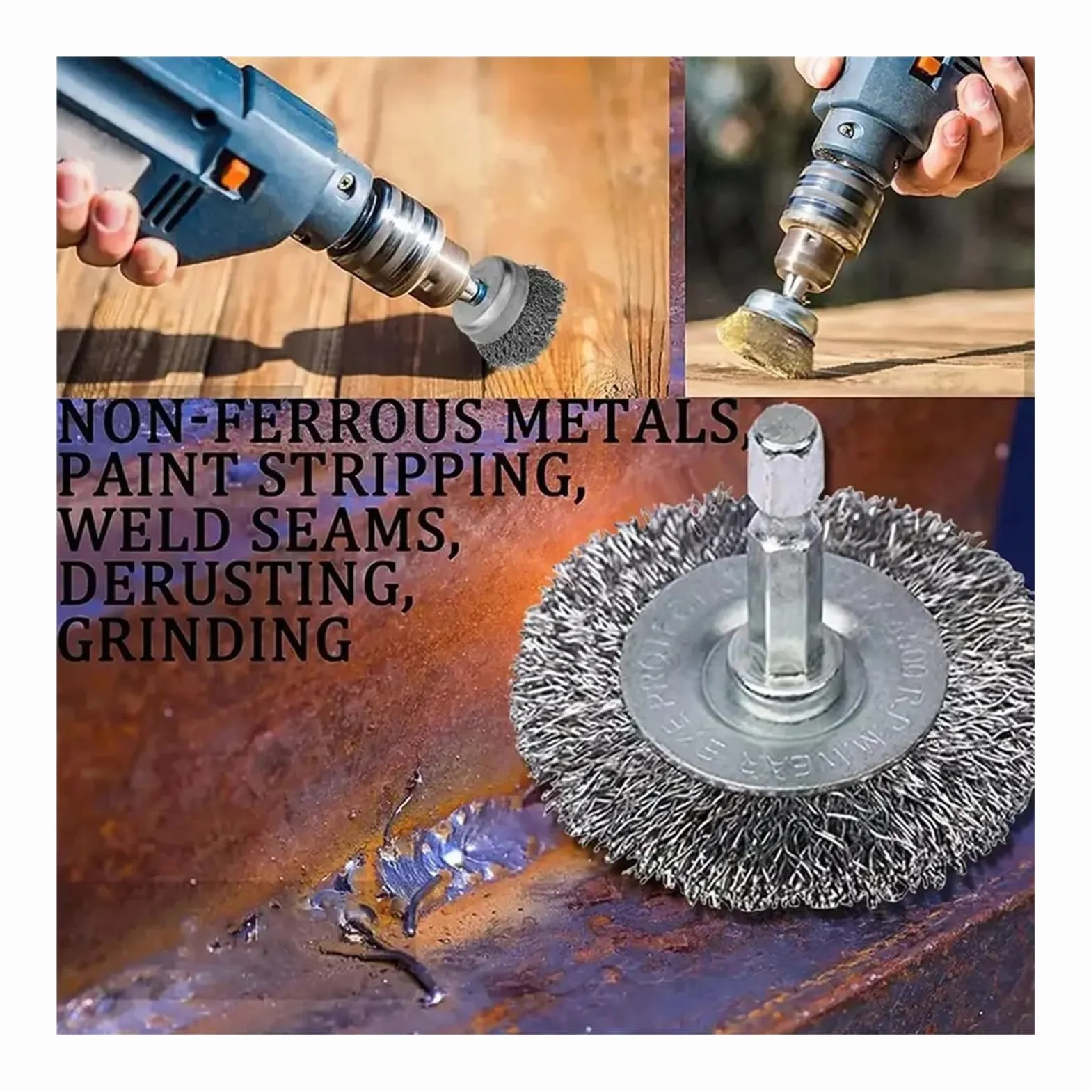 Carbon Steel Wire Brush Wheel Set 8 Piece 1/4 Inch Hex Shank Coarse Crimped