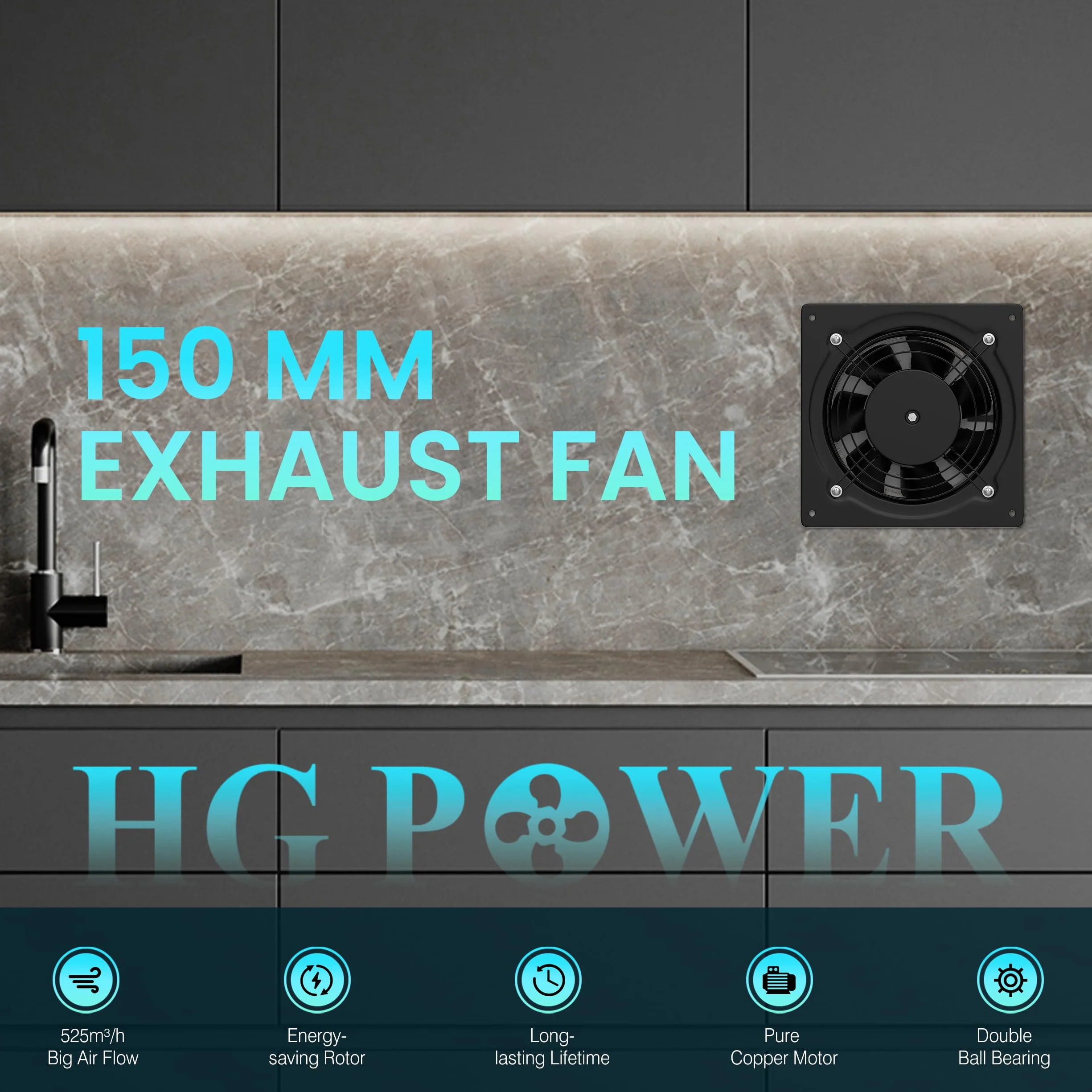 HG Power Wentylator wyciągowy 150 mm 525 m³/h 38 W cichy z klapą zwrotną przemysłowy wentylator ścienny czarny