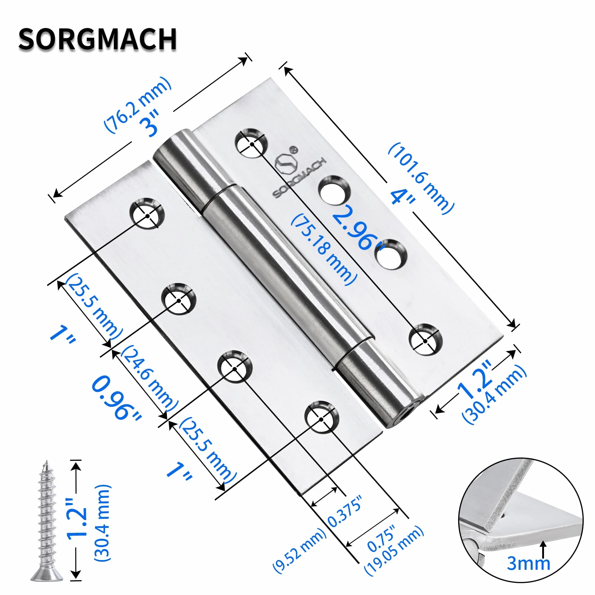 Zawiasy ukryte 100 x 76 mm 304 stal szlachetna satynowo-niklowe do drzwi