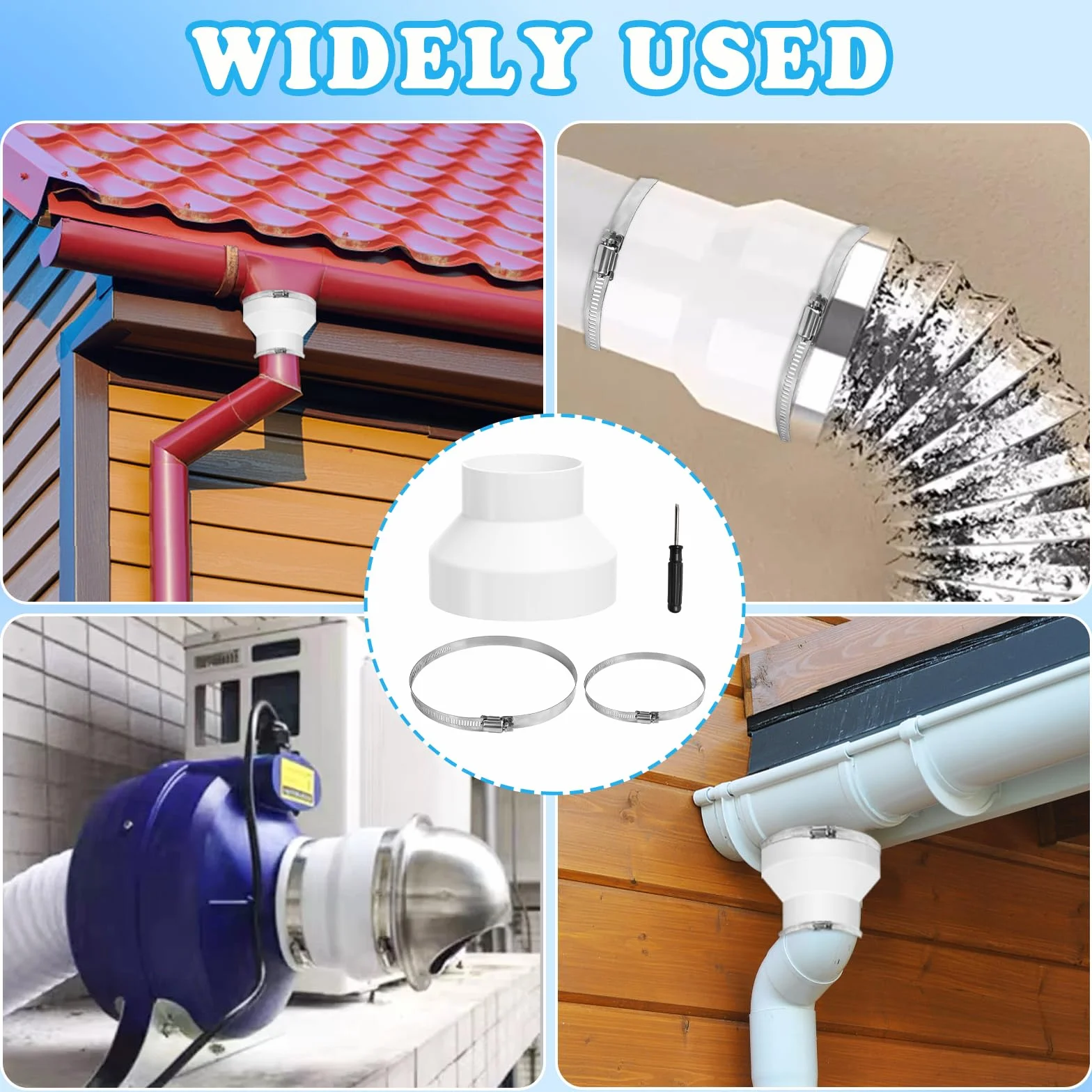 Adapter do węża wylotowego 150 mm do 100 mm, złączka redukcyjna ze stali nierdzewnej z 2 obejmami do wentylacji