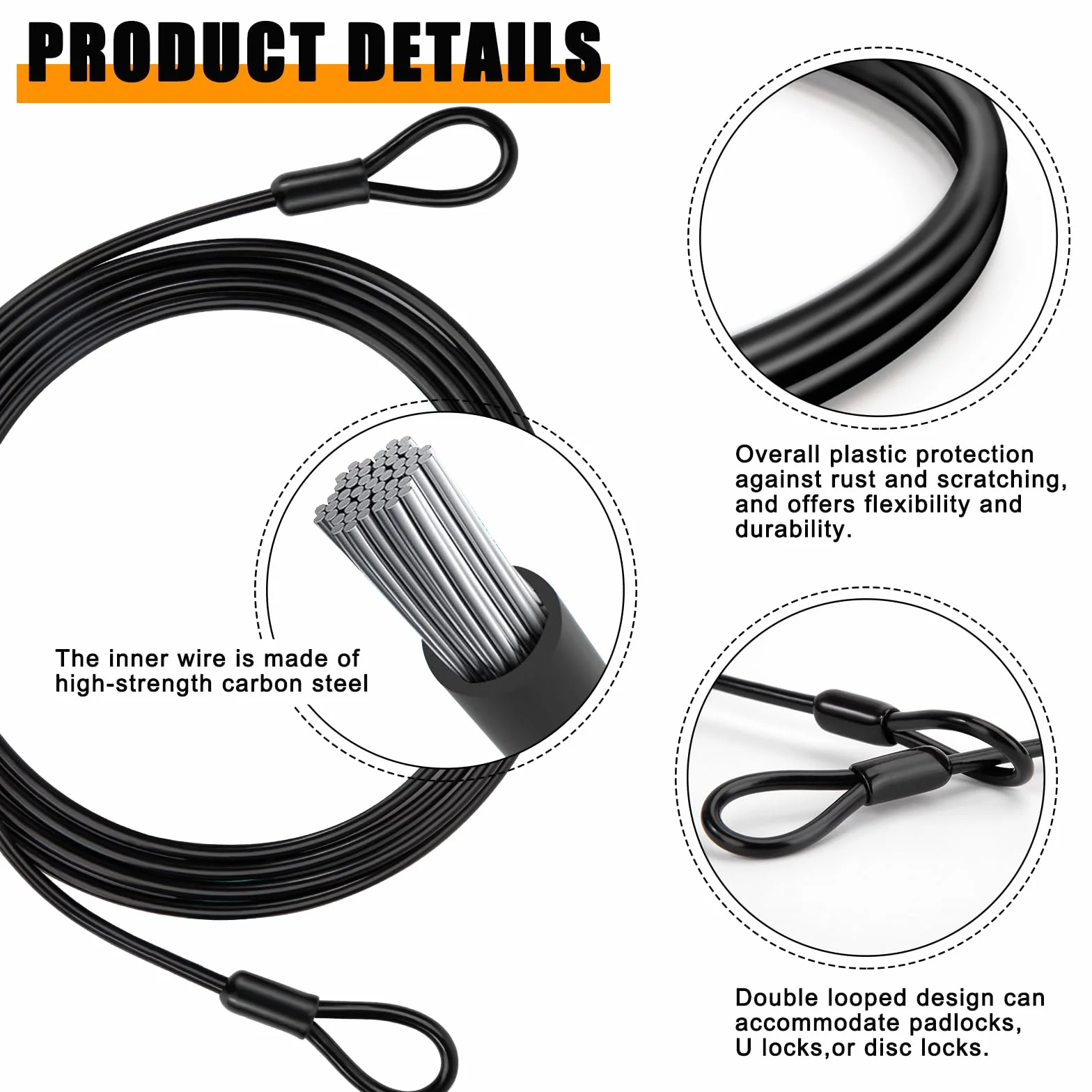 Kabel antykradzieżowy do rowerów, stalowy 4 mm z powłoką PCW, czarny