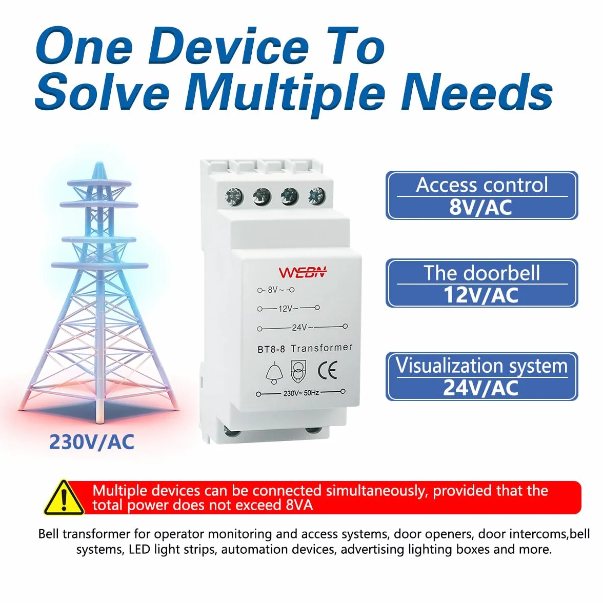 BT8-8 transformator dzwonka do drzwi napięcie znamionowe 230/240 V AC 50/60 Hz dopuszczenie IP20 CE