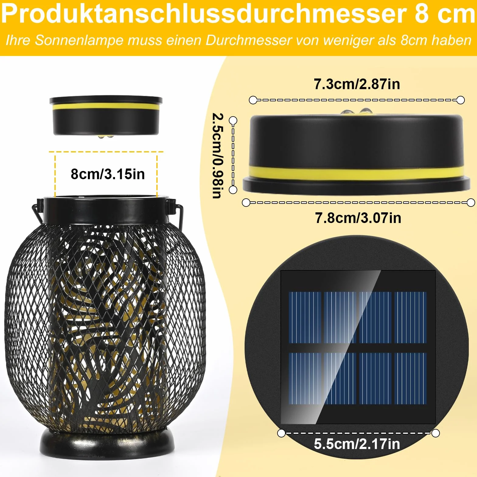 Zestaw 4 lamp solarnych, części zamienne, 8 cm, górna część z jasnymi żarówkami LED, wodoszczelność IP65, panel słoneczny, zamiennik modułu solarnego do lamp ogrodowych, solarnych (2)