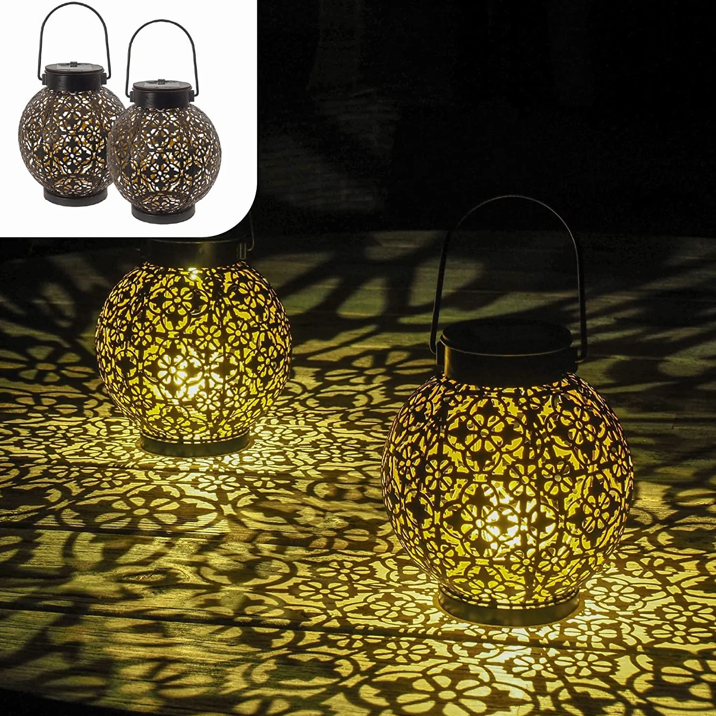 Gadgy Zestaw 2 Solarnych Lampionów Zewnętrznych – Wodoodporne Orientalne Lampy Solarne LED – Ozdobne Światło na Balkon, Taras i Ogród – Lampiony Stołowe lub Wiszące