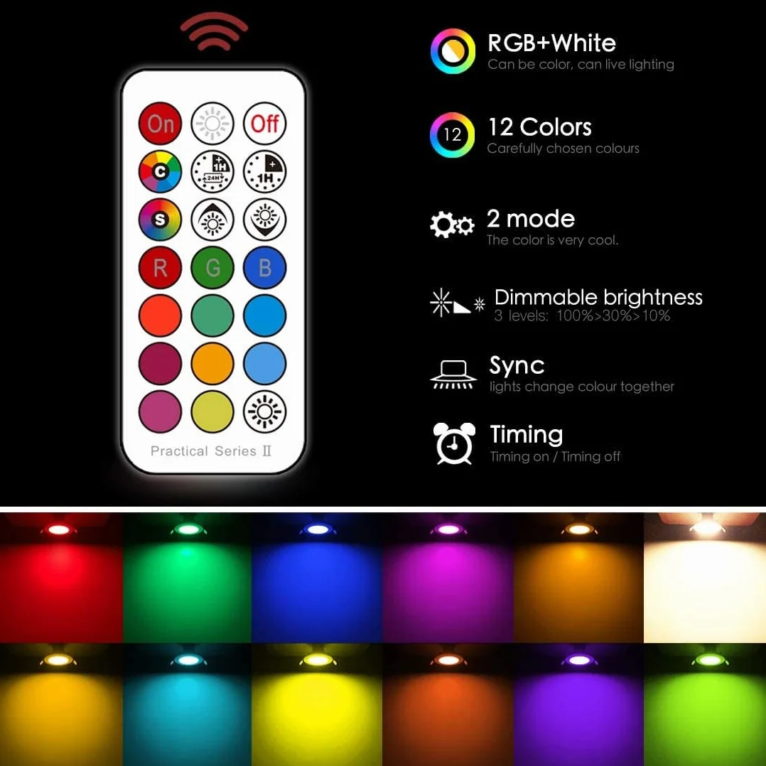 Reflektor LED do wbudowania 8W RGBW z pilotem IP44 okrągły punkt sufitowy ciepła biel 2700K ściemnialna 4 sztuki