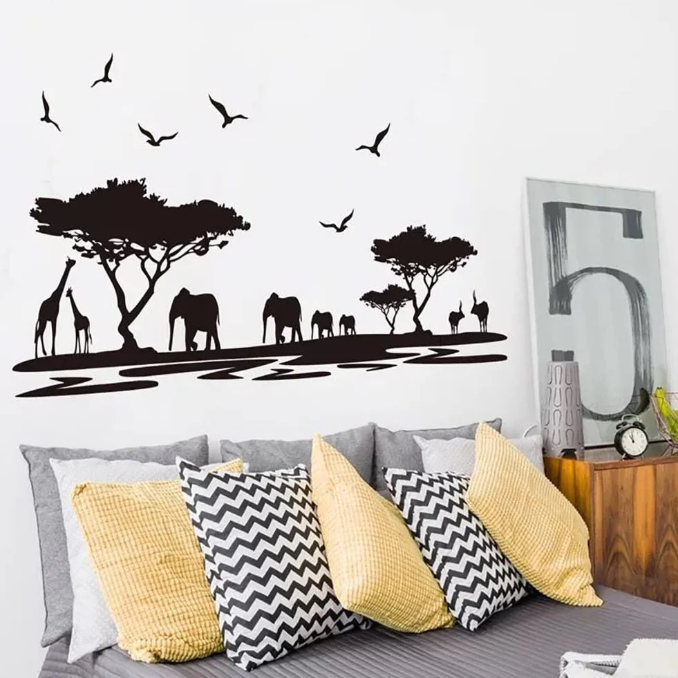 WandSticker4U® - Naklejki ścienne LA SAVANA w kolorze czarnym (160x75 cm) I naklejka ścienna zwierzęta safari afryka krajobraz słoń żyrafa I Deco do salonu, sypialni, kuchni, korytarza, dla dorosłych,