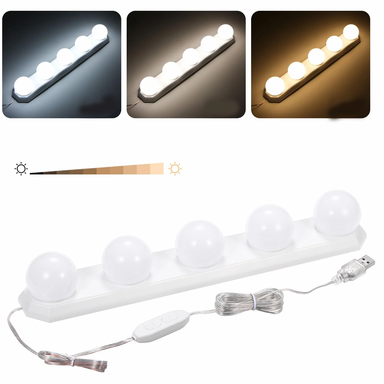 Fafeicy Regulowana jasność Lustrzanych Lampek do Szatni, 5 Lamp 3 Kolorowe Temperatura USB Make Up Light